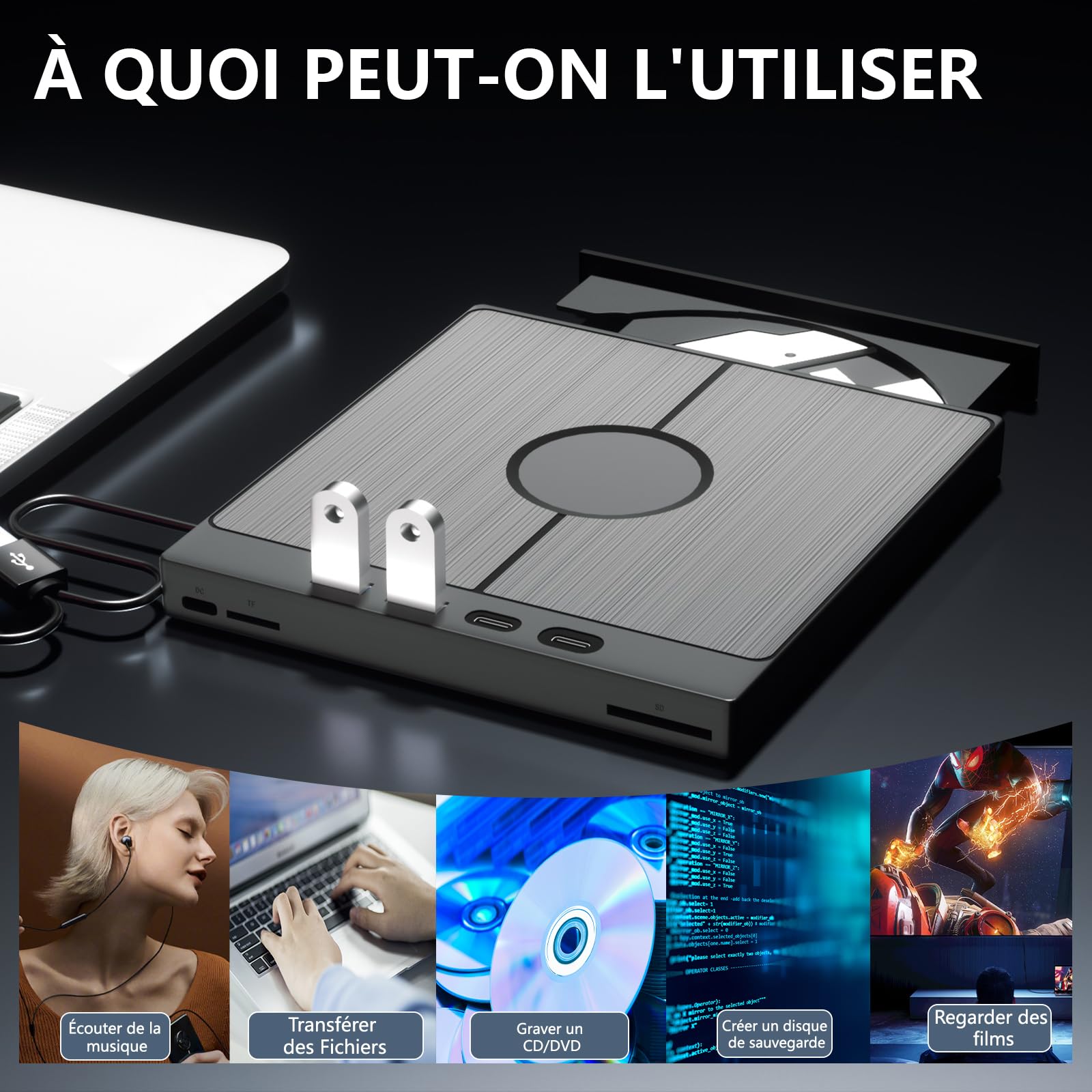 Masterizzatore DVD Esterno 7 In 1 USB 3.0 – Lettore CD/DVD, Hub 4 Porte, Lettore SD/TF, Plug & Play, Leggero