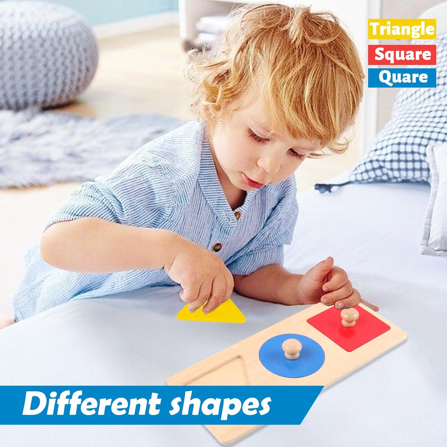 Adena Montessori Colorful Multiple Shape Puzzles Toys for 6-12 Months 1 Year Old Toddler Babies First Shapes Geometric Jumbo Knob Wooden Puzzle Color Sorter (3 Pieces) 3 Pieces image 3