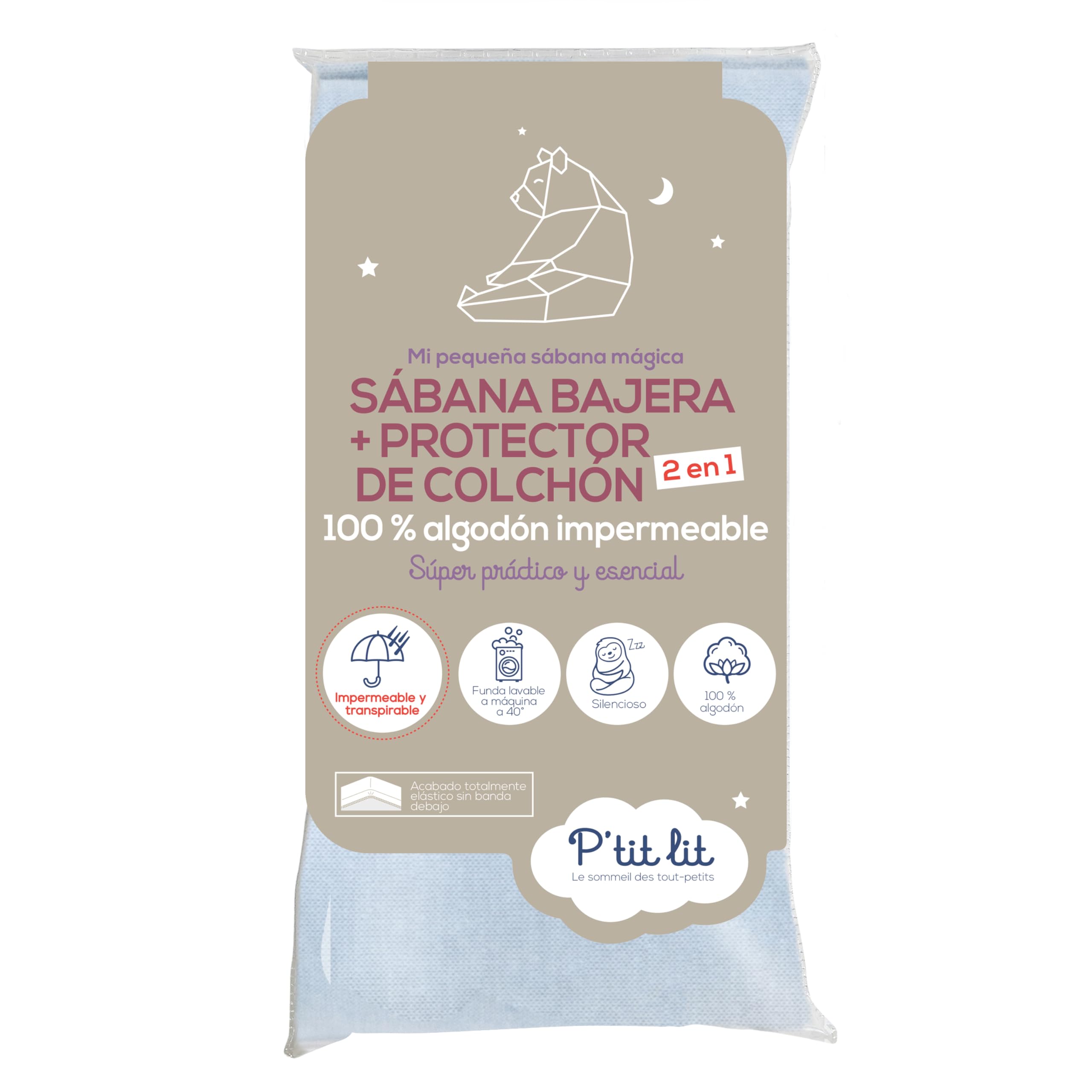 P'tit lit - Protector de colchón de cuna 2 en 1 | Protector de colchón + Sábana bajera 60x120 cm | Impermeable - 100 % algodón - Suave y silencioso - Transpirable - Oeko Tex - Gris