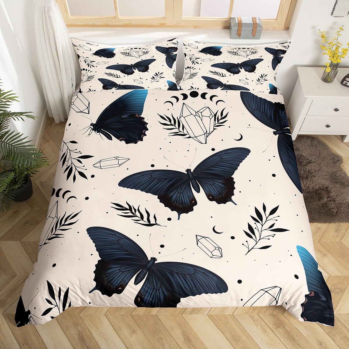 meiyoeat Butterfly Bedding Set Toddler Size Star and Moon Comforter Cover Set Flower Duvet Cover Girl Butterfly Floral Bedspread Cover Room Decor Butterflies Print Quilt Cover,No Comforter