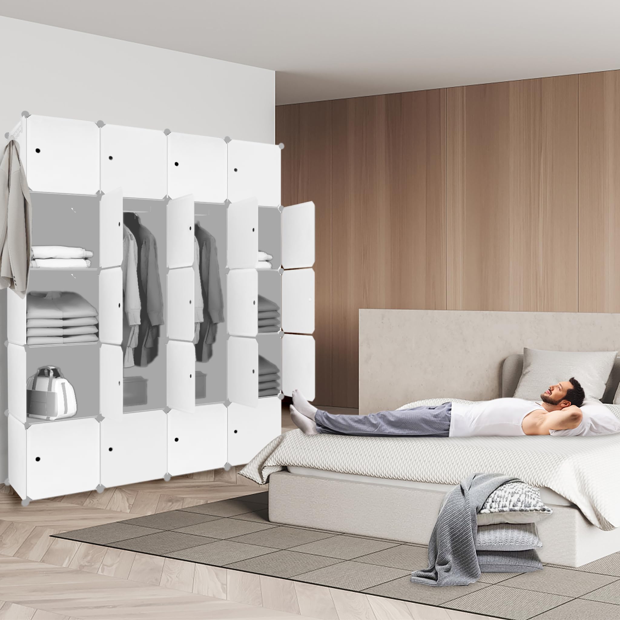 HENGMEI Kleiderschrank Würfelregal PP-Kunststoff Kleiderständer (20 Boxen, Weiß)