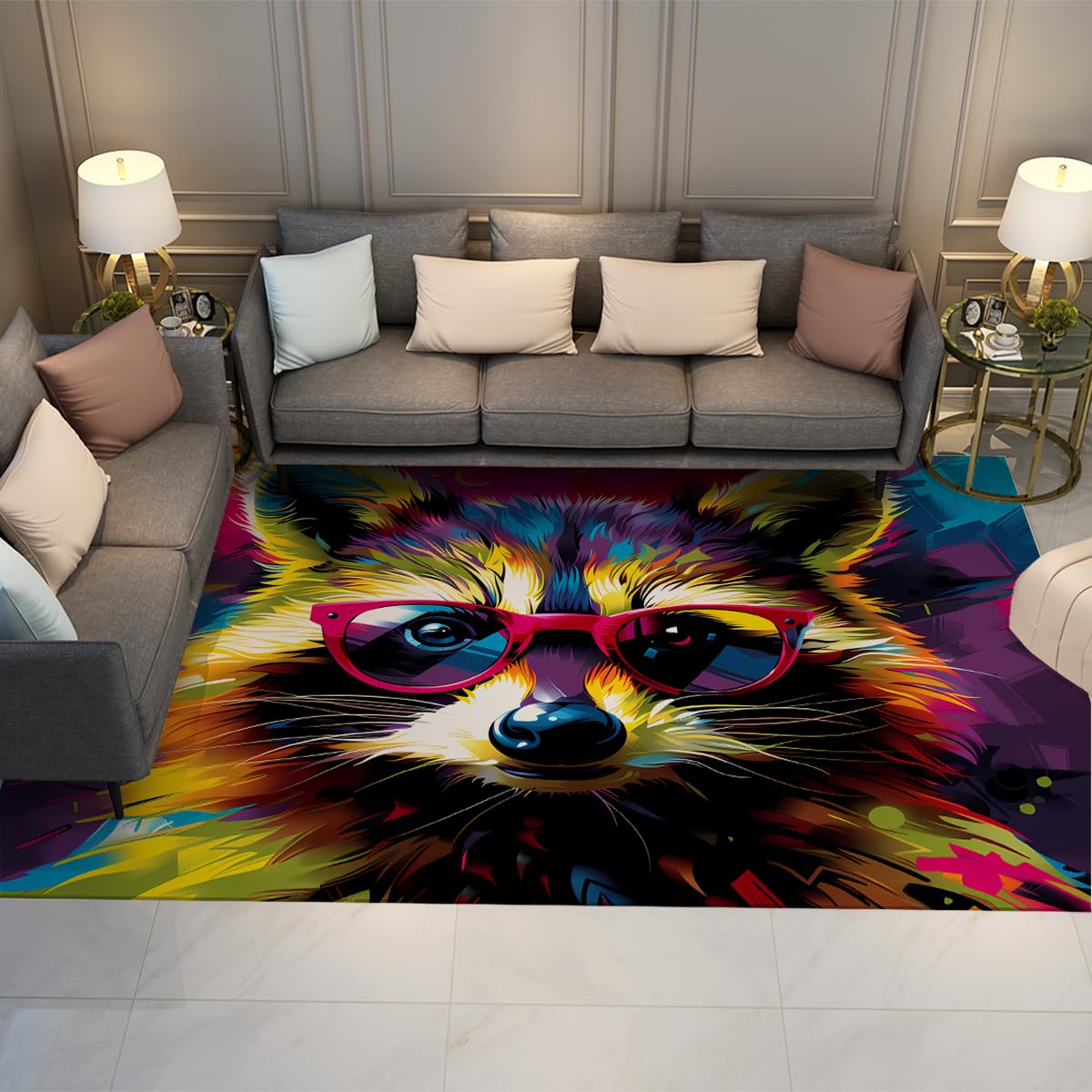 Tapis de raton laveur coloré 160x230cm style graffiti pour le salon