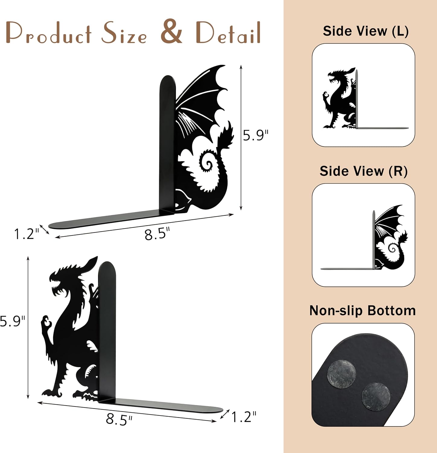 Dragon Metal Bookends Fanntasy Book Ends for Shelves Bookshelf Decorative Objects Home Office Desk Bookshelf Decor Dragon Lover Gifts for Reading Enthusiasts