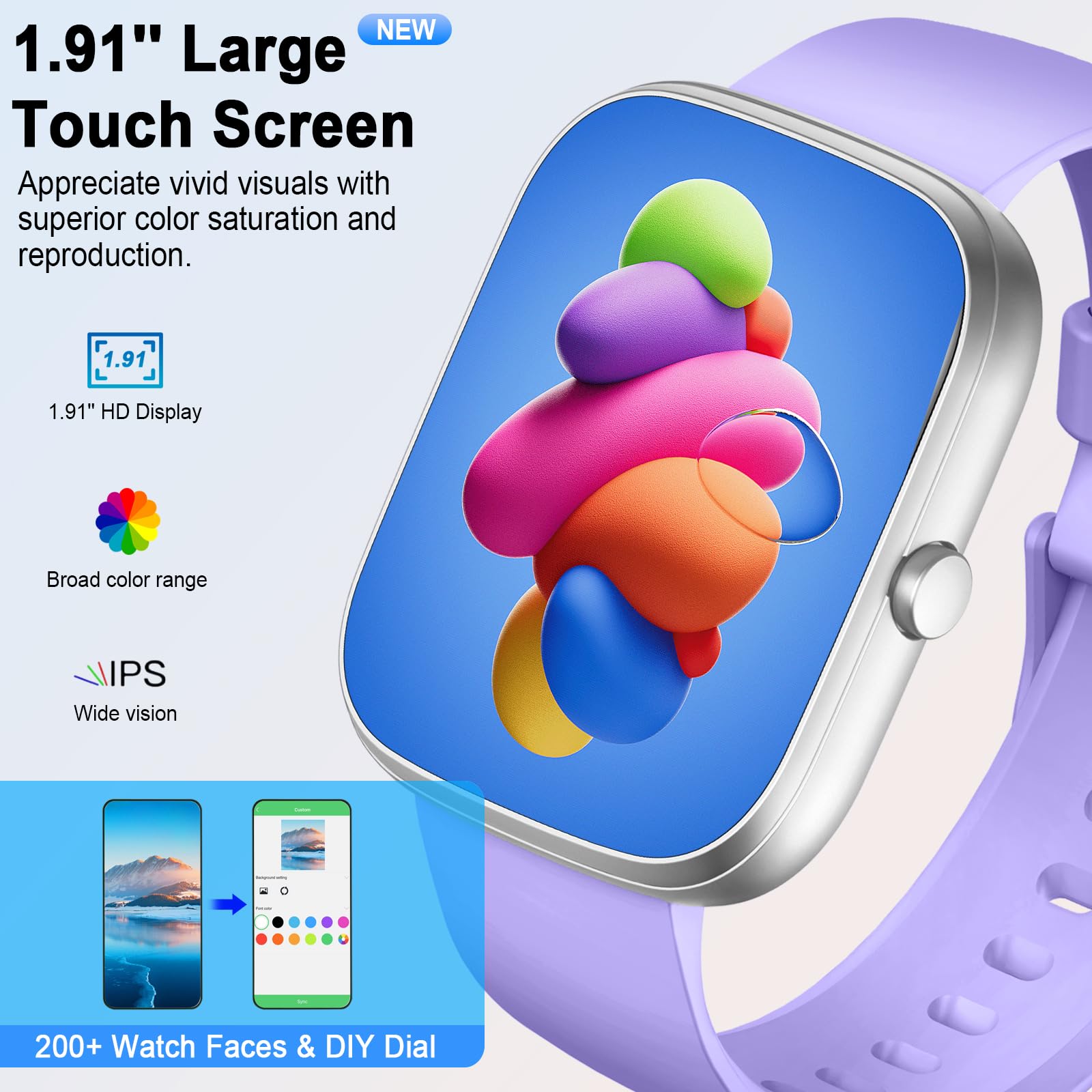 Smartwatch Uomo Donna, 1.91" Orologio Fitness con Effettua/Risposta Chiamate, 110+ Sportive Fitness Tracker, Sonno Cardiofrequenzimetro, Contapassi/Calorie/Impermeabil IP68 Smart Watch, Argento-Viola