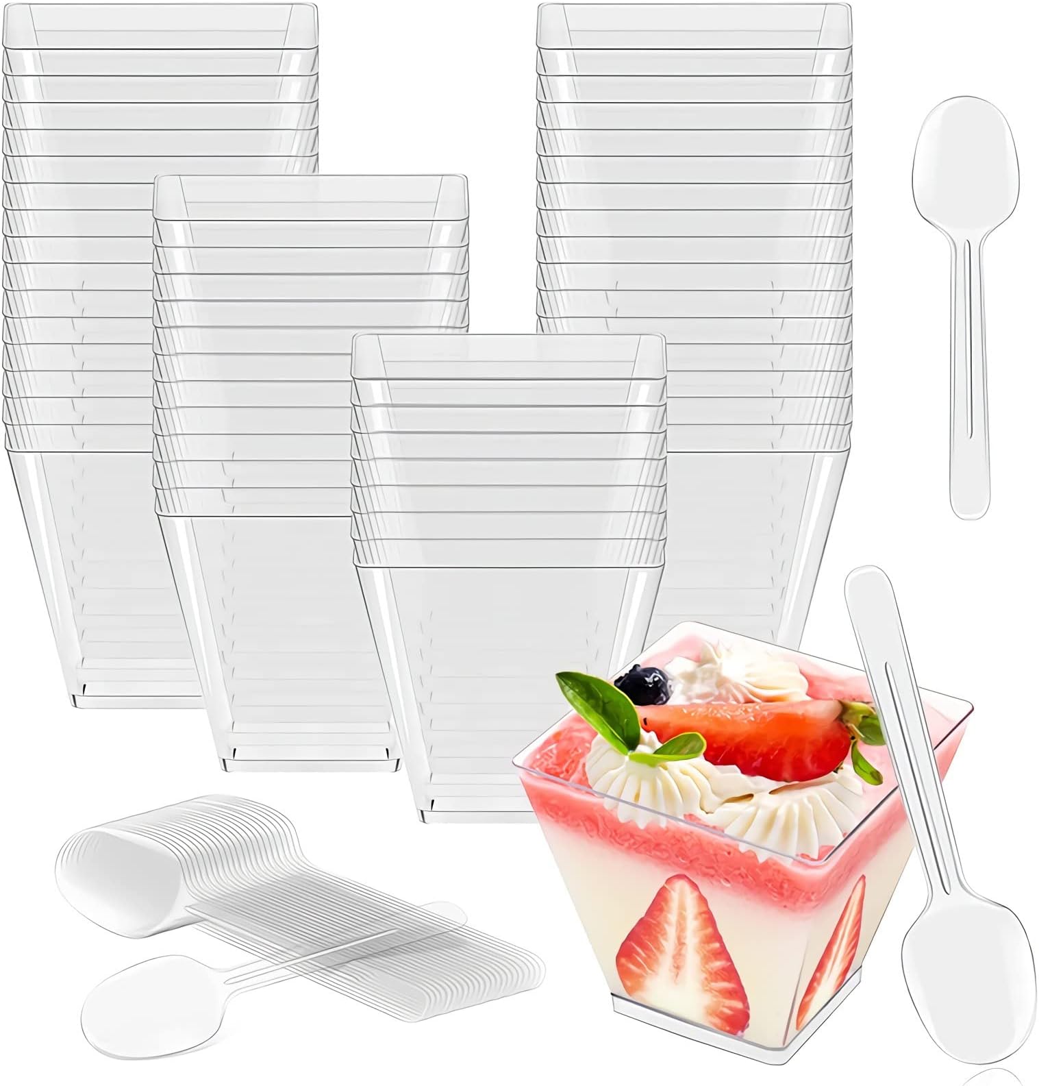 Kastwave Dessert Cups, Plastic 2 Oz / 60Ml Cups With 50 Soup Spoons, Reusable For Desserts, Appetizers, Puddings, Mousse, And More(50 Pack)