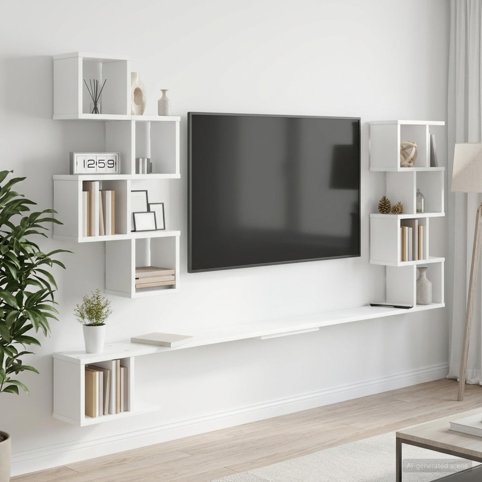 Biały regał na telewizor montowany na ścianie, 180 x 15 x 94 cm, materiał drewnopochodny, nowoczesny design, z dużą ilością miejsca do przechowywania, do salonu, sypialni, kuchni, łazienki