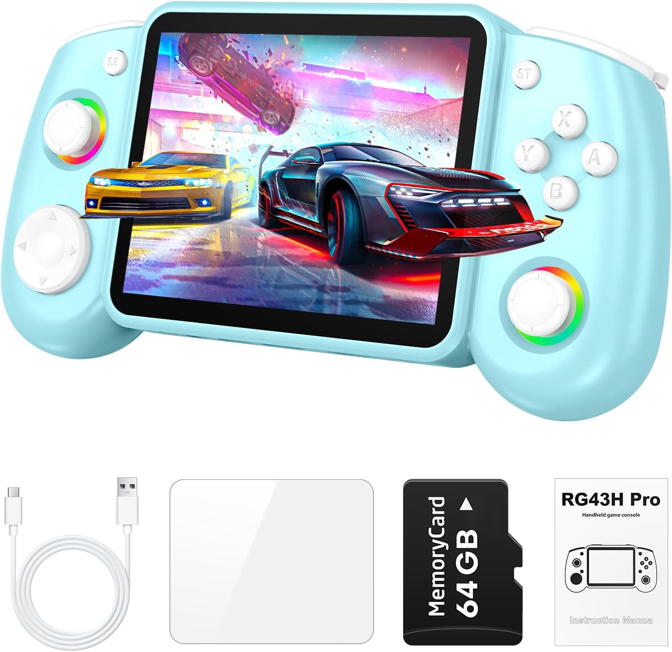 RG43H Pro Retro Handheld Game Console, 4.3 Inch Retro Gaming Console with 4000mAh Battery, RK3562 Opensource Hand Held Games Console, EmuELEC&RGBOX Dual Systems Video Console, HDMI TV Output,Baby Blue
