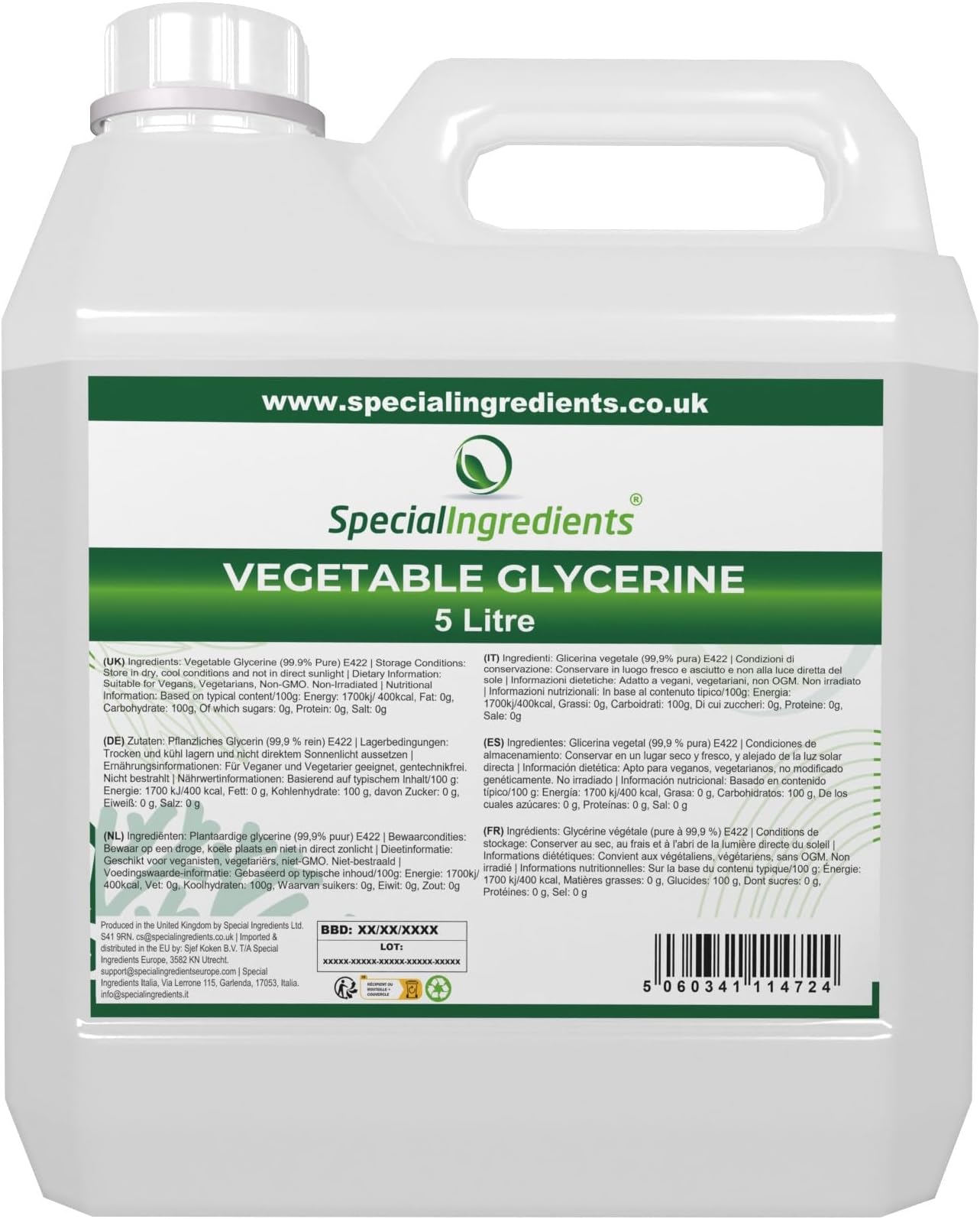 Vegetable Glycerine 10 Litre - Premium Quality Food Grade, Vegan, Non GMO, Natural Humectant, Fragrance Free - Recyclable Container