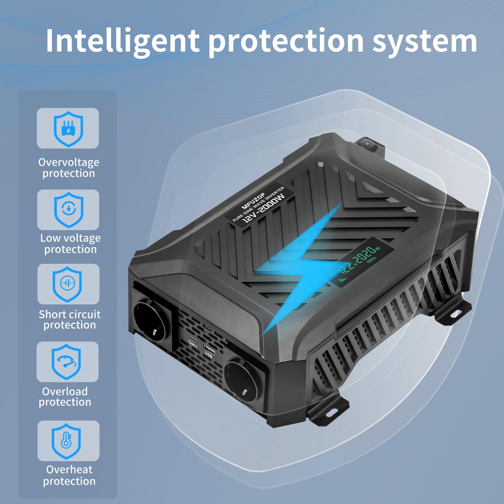 MFUZOP Inverter 12v 220v Onda Pura 2000W/4000W Power Inverter Convertitore 12V 220V 2000W con 2 presa AC, e Type-c & 1 Porte USB per Casa, Auto,Camion, Camper