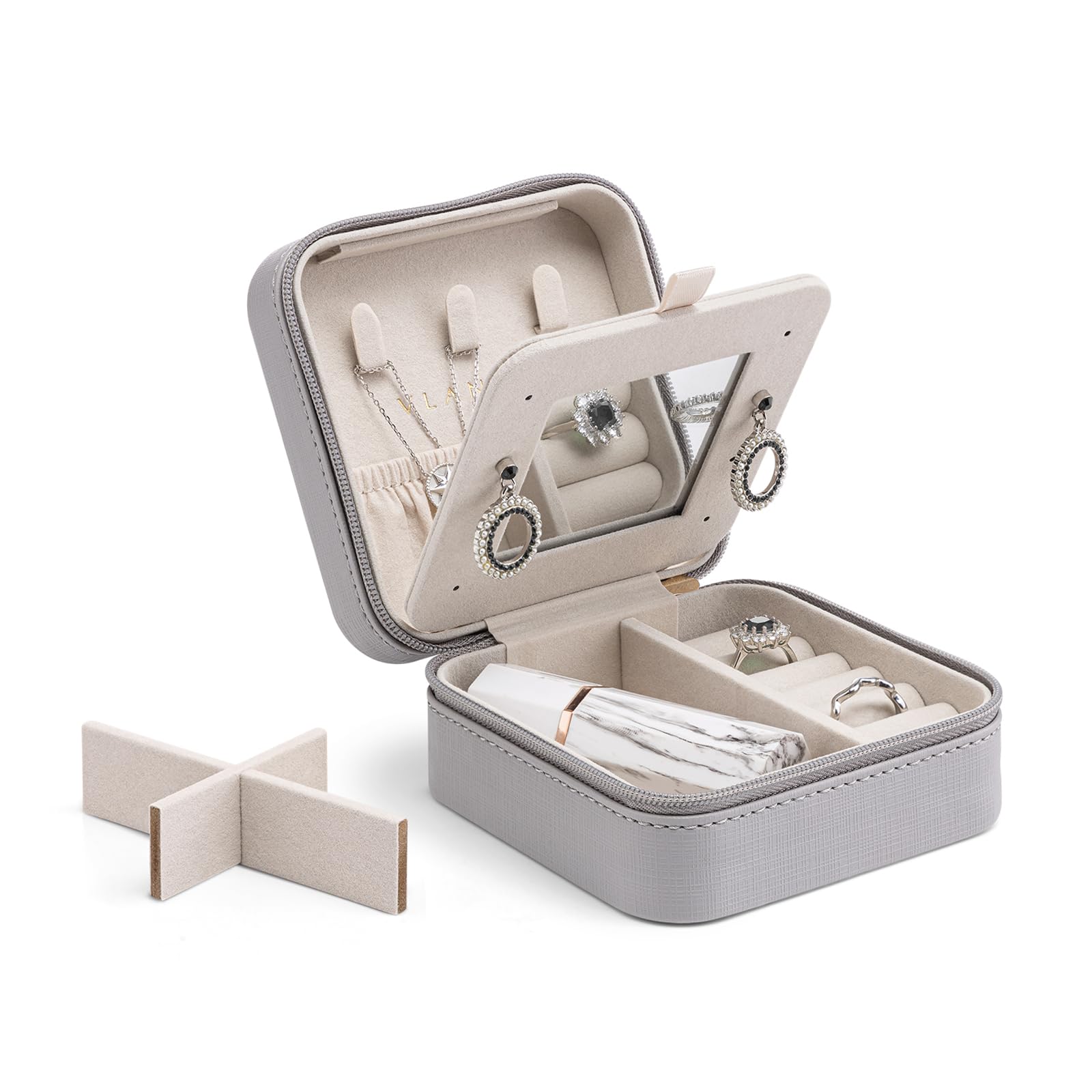 Joyero de viaje con espejo para organizar tus aretes en la maleta