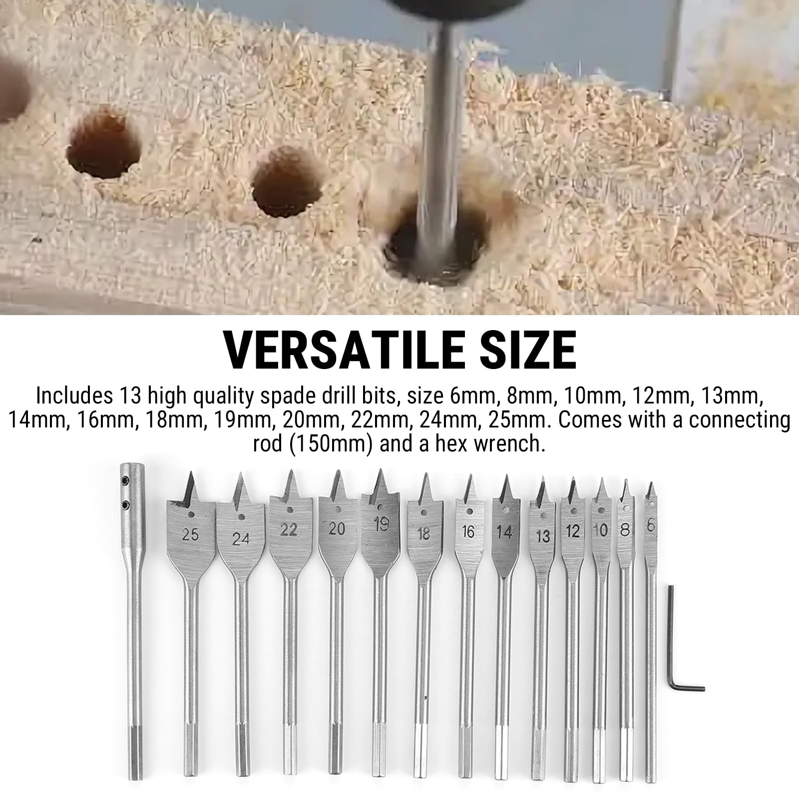 13 Piezas Brocas Planas, 6-25mm Juego De Brocas De Pala, Acero Al Carbono Para Madera, PVC Y Plásticos