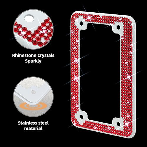 Miniatura 2 de XCLPF Marcos de matrícula rojos brillantes para motocicleta,Soporte de placa de motocicleta con diamantes de imitación,Cubierta de placa de