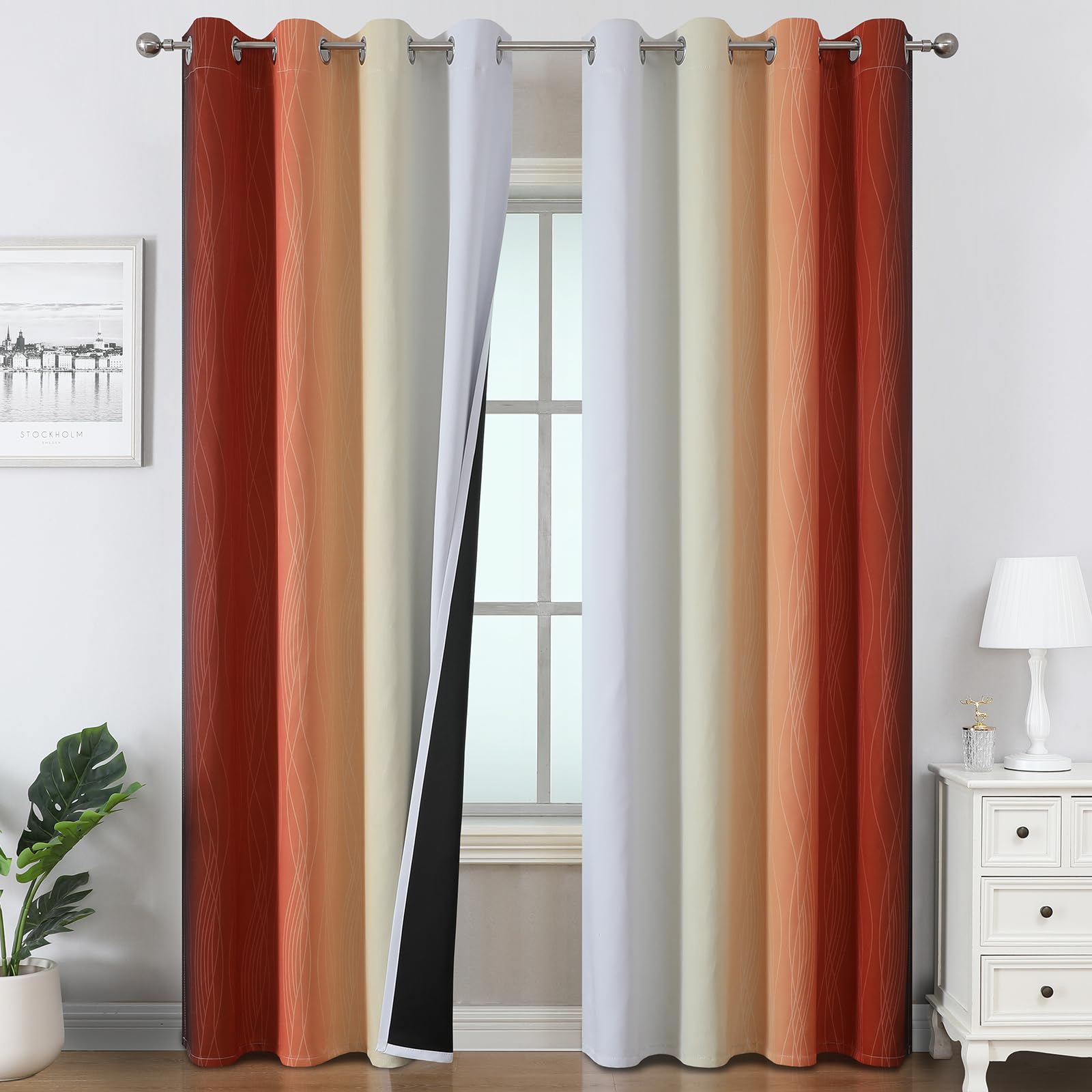 Estelar Textiler Burnt Orange and Greyish White Ombre Blackout Curtains for Bedroom 102 Inch Long, Thermal Insulated Grommet Complete Room Darkening Gradient Drapes for Living Room, 52Wx102L,2 Panels