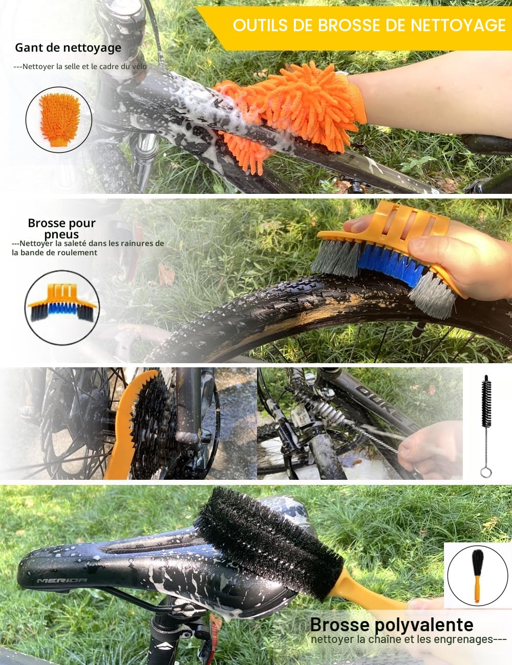 Kit de Nettoyage de Vélo Ultrafashs, Ensemble Complet avec Dégraissant, Brosse à Chaîne, Brosse à Pneus, Gant de Nettoyage, Lubrifiant