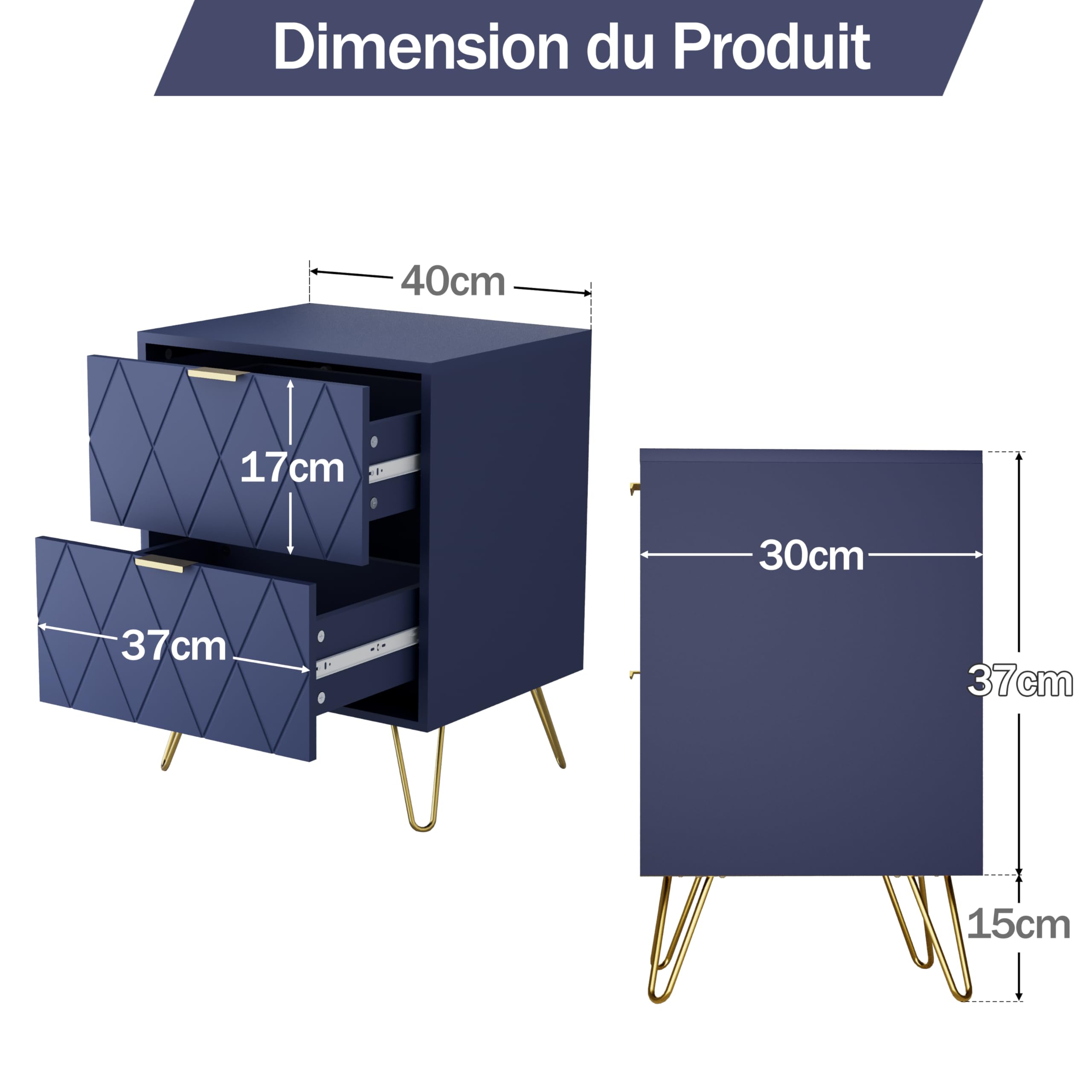 UEV Lot de 2 Table à Chevet, Table de Nuit, Table d’Appoint avec 2 Tiroirs, avec Manches et Pieds en Couleur Doré, Style Moderne, Scandinave pour Salon, Chambre, 40 x 30 x 52 cm, Bleu (2 Tiroirs)