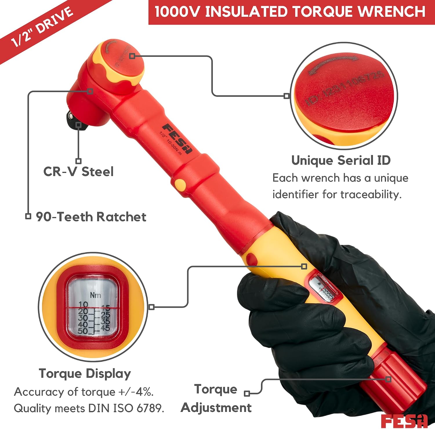 FESA Insulated Torque Socket Set - 16-Piece 1000V Insulated Tool Set w/ 1/2" Drive Insulated Torque Wrench (10-50 Nm), 7 Metric Sockets, 5 Hex Bit Sockets, 2 Extension Bars, T-Handle & Protective Case