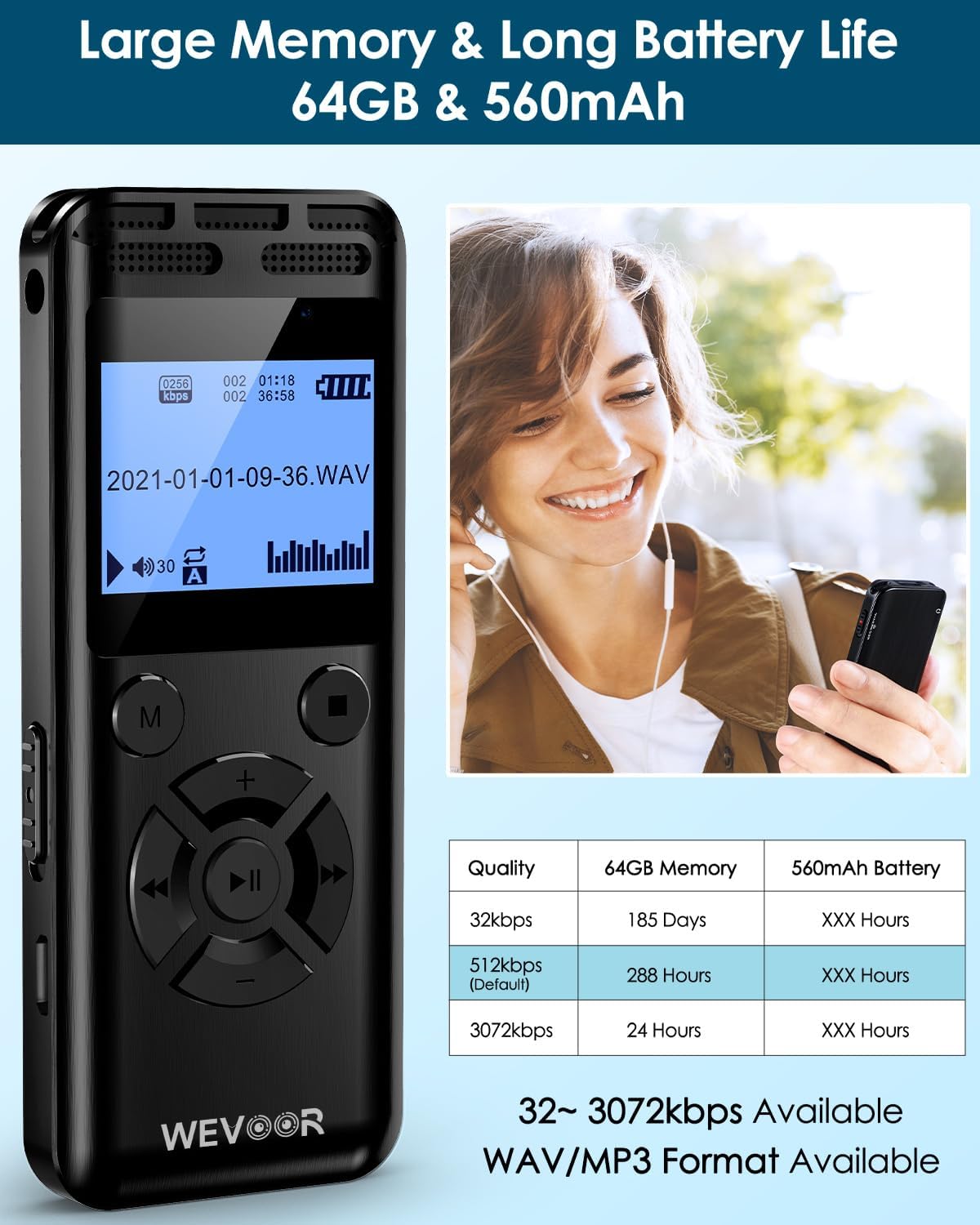 Image showing the Wevoor V52 recorder alongside a table detailing memory capacity and battery life based on recording quality