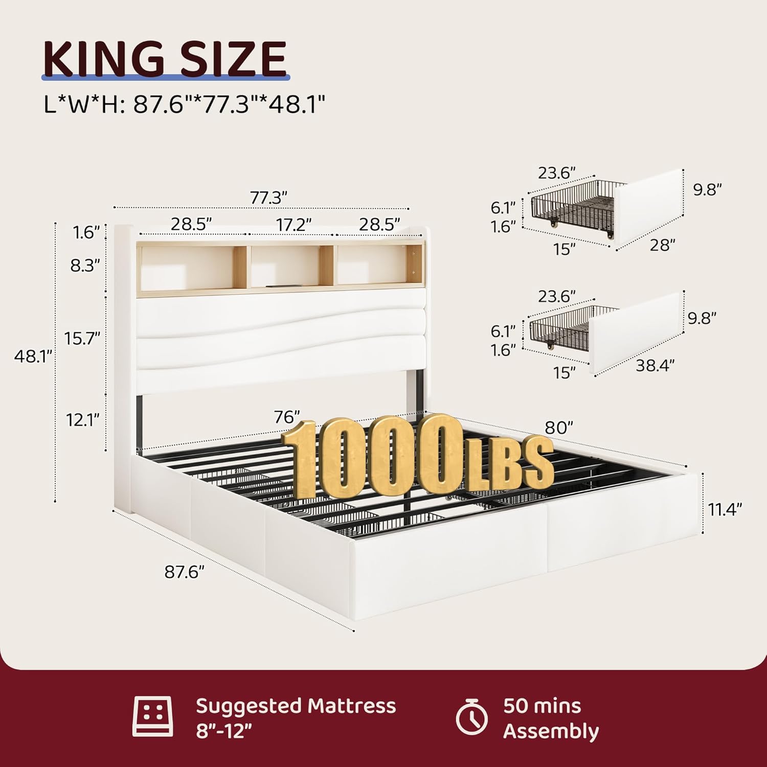 BRELTAM King Size Bed Frame with 6 Storage Drawers, Linen Upholstered Platform Bed with Charging Station & LED Lights,2-Tier Wave-Shaped Headboard Design,No Box Spring Needed,Easy Assembly,White