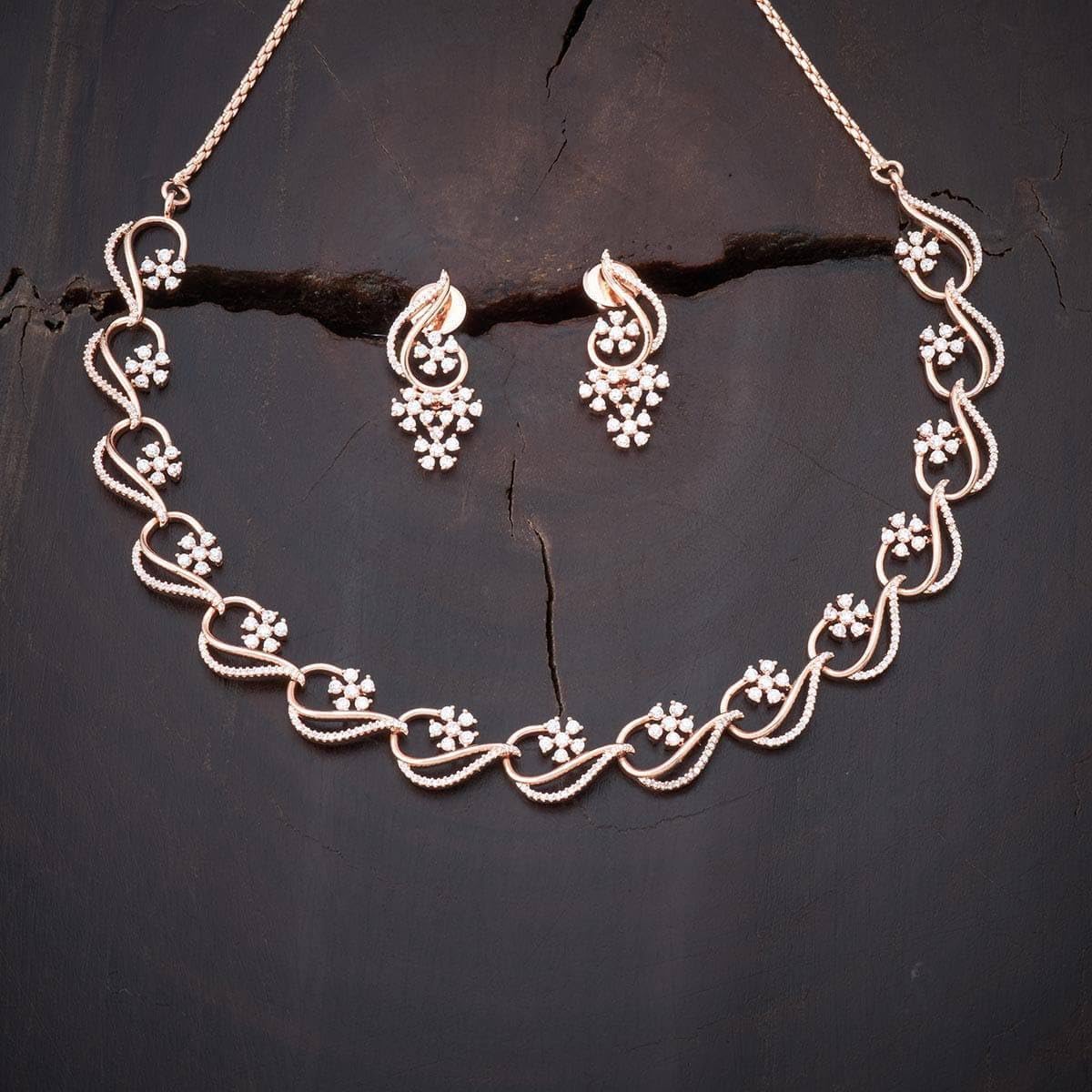 SEKOU Rose Gold Floral Necklace and Earrings Set, Crystal Embellished, Paisley Design, Jewelry Set - Image 3