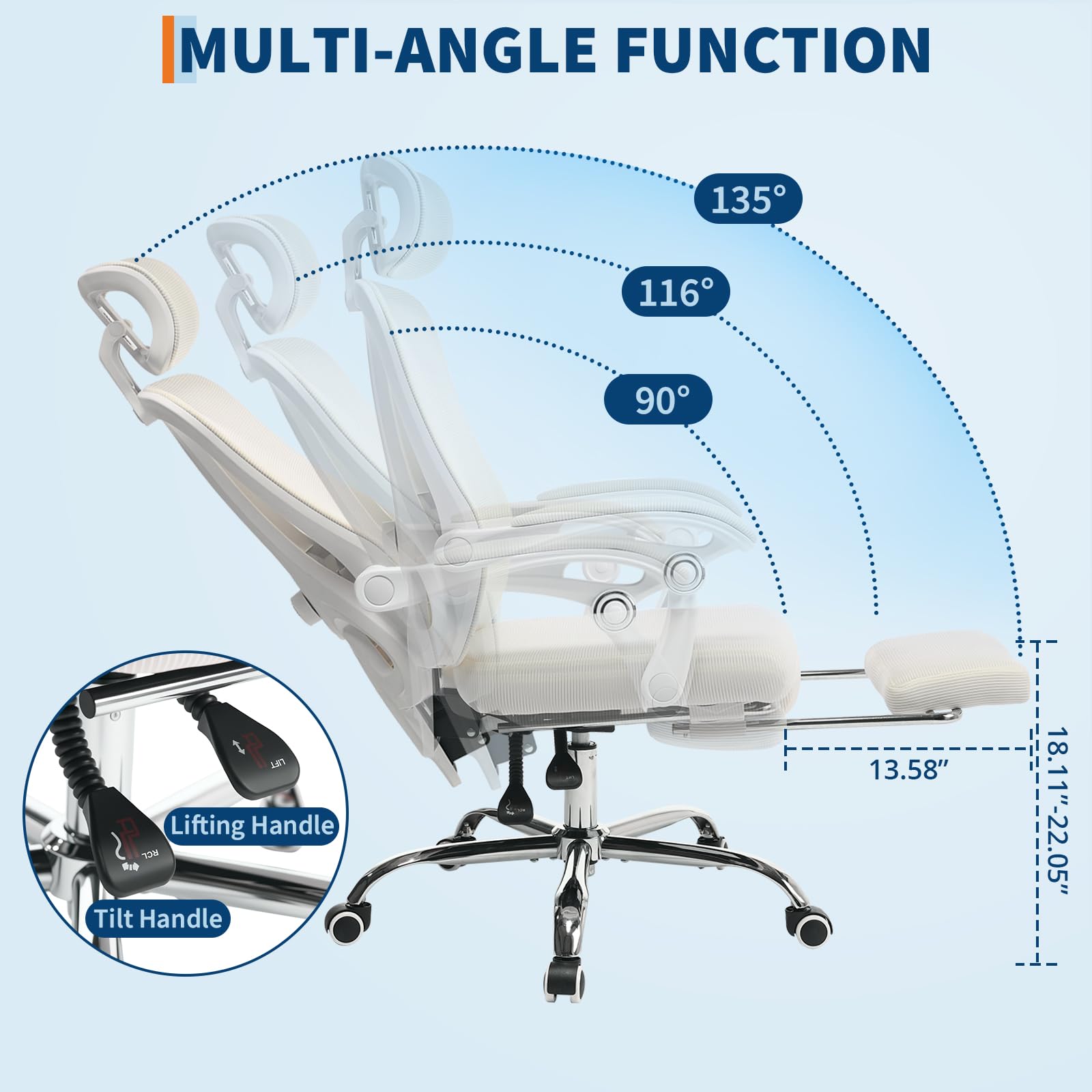 Chaise De Bureau Ergonomique, Chaise en Maille Haute Respirante avec Appui-Tête, Support Lombaire Réglable à 90°-135°, Repose-Pieds Rétractable Et Pivotant à 360° pour La Maison Et Bureau