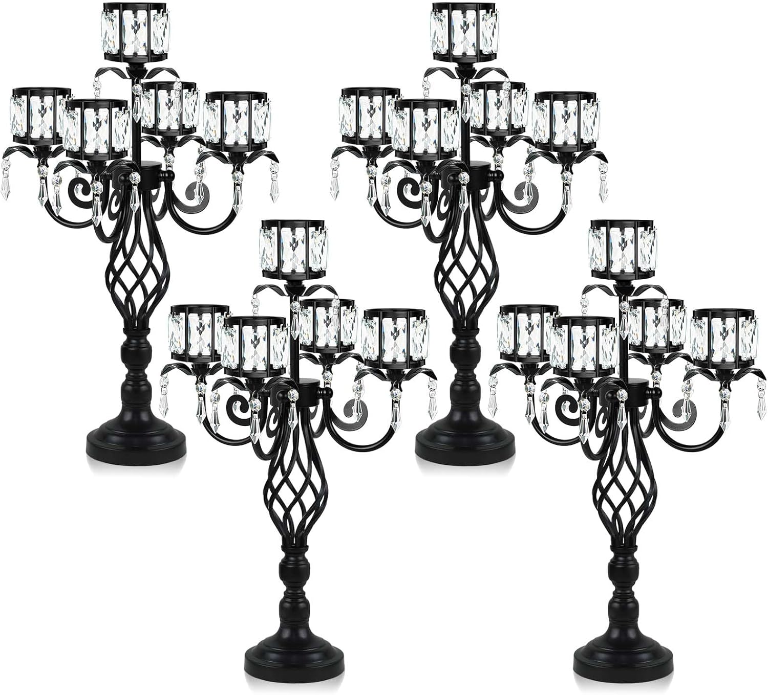 23.2 inch tall elegant and chic 5 arm pendant crystal candlestick holder table decoration tealight candle holder, candelabra for gorgeous wedding/parties table centerpiece (4, black) 4 black