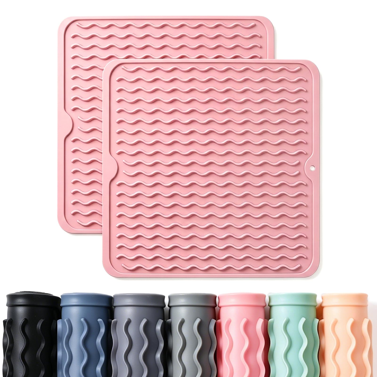 2 Pack Caketime Silicone Dish Drying Mat for Kitchen Counter Cooking Baking Liners Drawer Storage Refrigerator Espresso Machine Station Utensil Holder Washer Trivets Oven Grill Gifts 12"x12" Pink