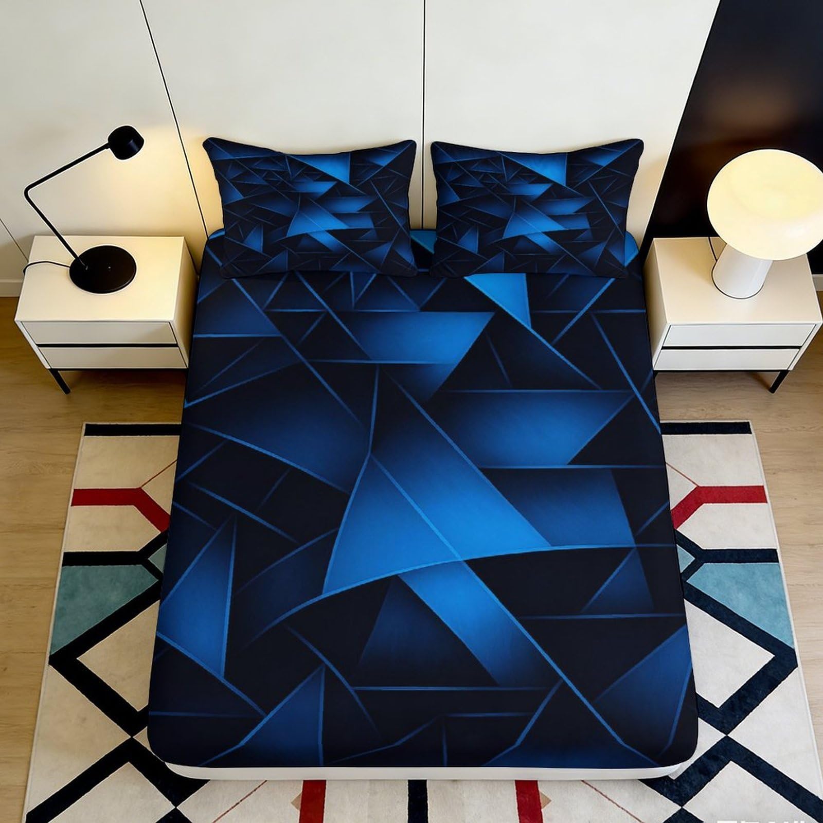 3D Printed Geometric Blue Fitted Sheet Microfiber Soft Modern Abstract Mattress Cover Bedroom Dorm Décor 90x200x25cm