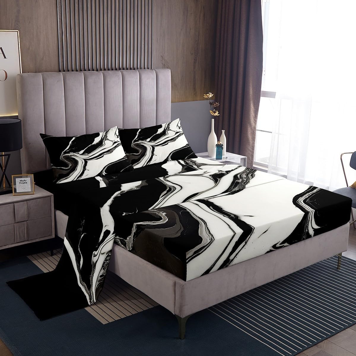 jejeloiu Black White Bed Sheets Set Twin Size Abstract Line Fitted Sheet for Kids Boys Girls Decor Modern Art Bedding Set Soft Microfiber Bedroom Decor,3Pcs