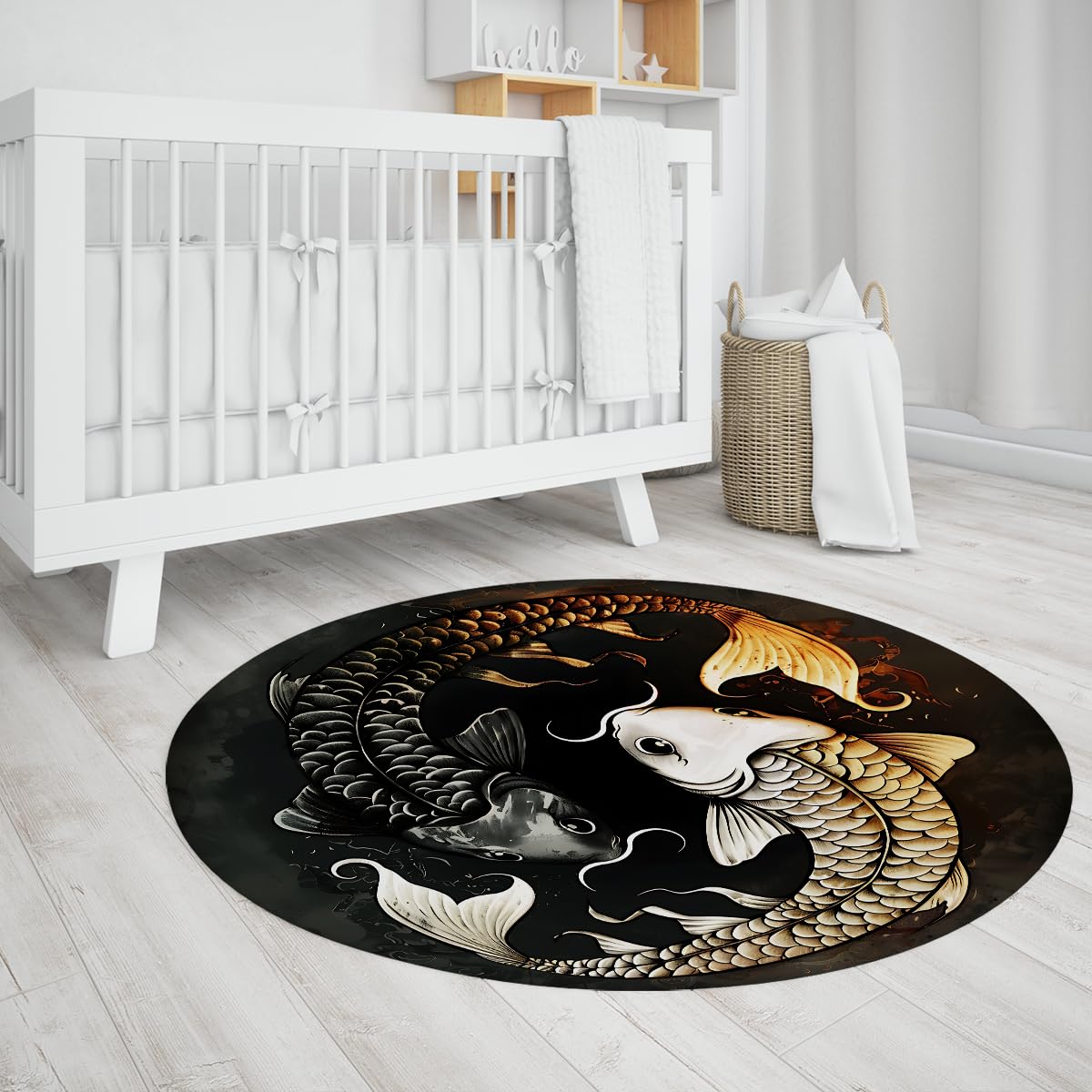 Japonais Carpe Round Carpette 100cm Lit Koi Poisson Graphique Abstrait Motif Art Lavable antidérapant résistant Tache Fin Salle Manger Circulaire véranda Tapis