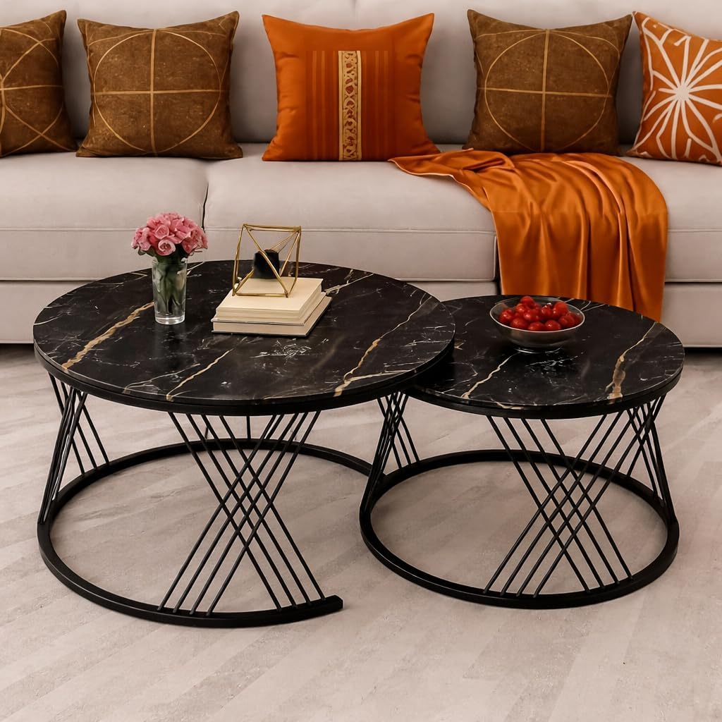 DAS Marbled Wrought Iron Laminated Round Coffee Table Set of 2 Stacking Center Tables Functional Nesting Tables Small Space for Living Room Bed Room Decor (Full Black)