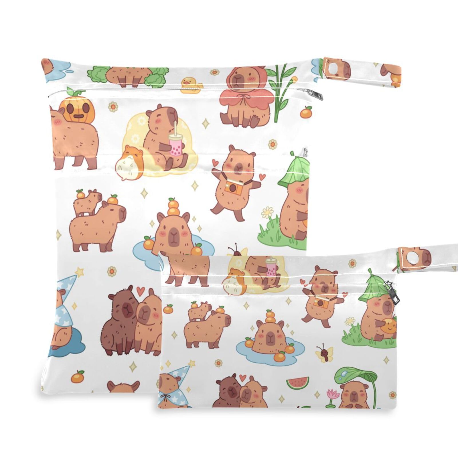 susiyo 2 Pcs Wet Dry Bag Happy Capybaras Waterproof Reusable Baby Cloth Diaper Wet Bags with 2 Zipper Pockets for Breast Pump Parts Travel Beach Pool Gym Yoga Swimsuits Wet Clothes