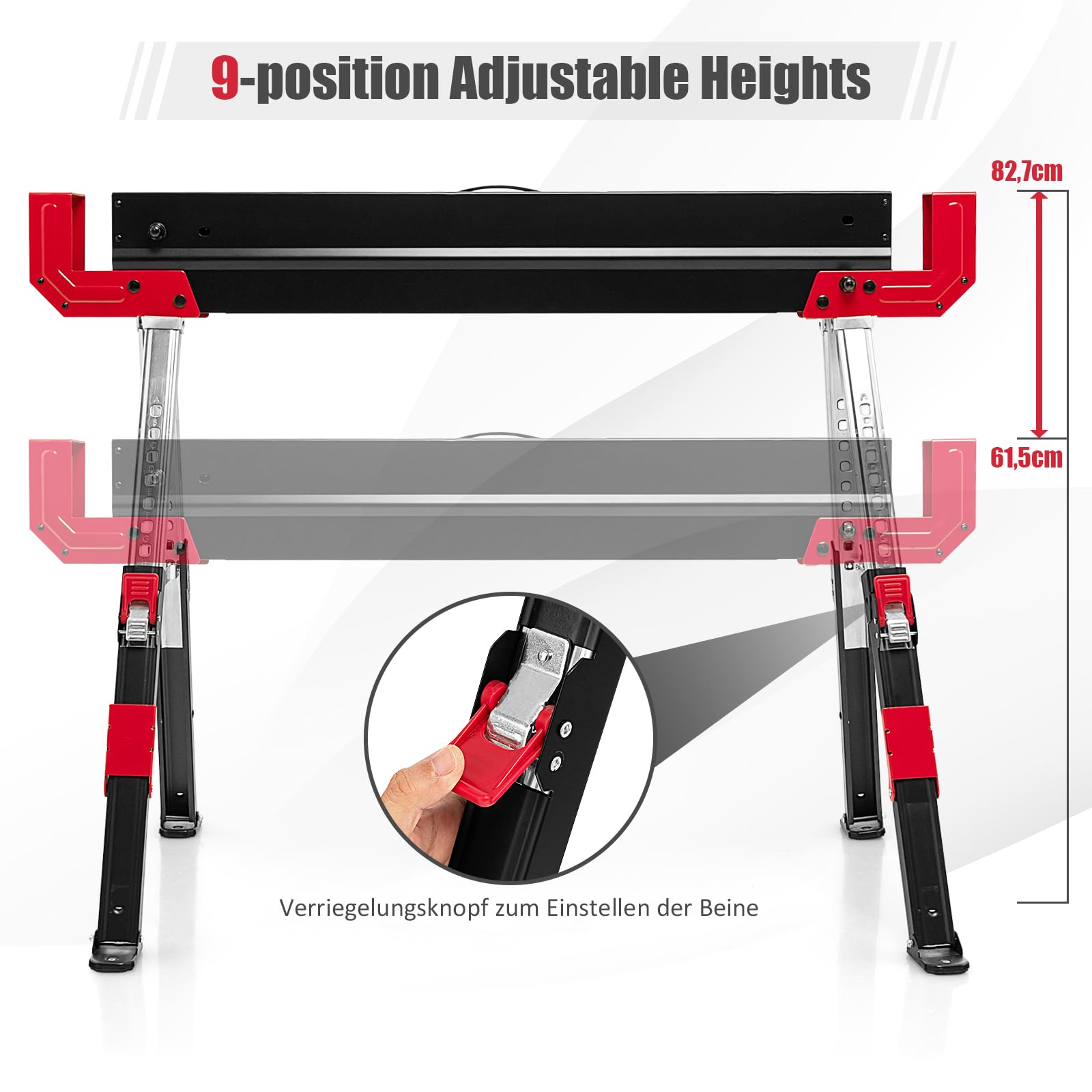 GOPLUS Juego de 2 caballetes portátiles de acero con 9 niveles de ajuste de altura, asas de transporte, parte superior de PVC antideslizante, juego de caballete de trabajo soporta hasta 1180 kg