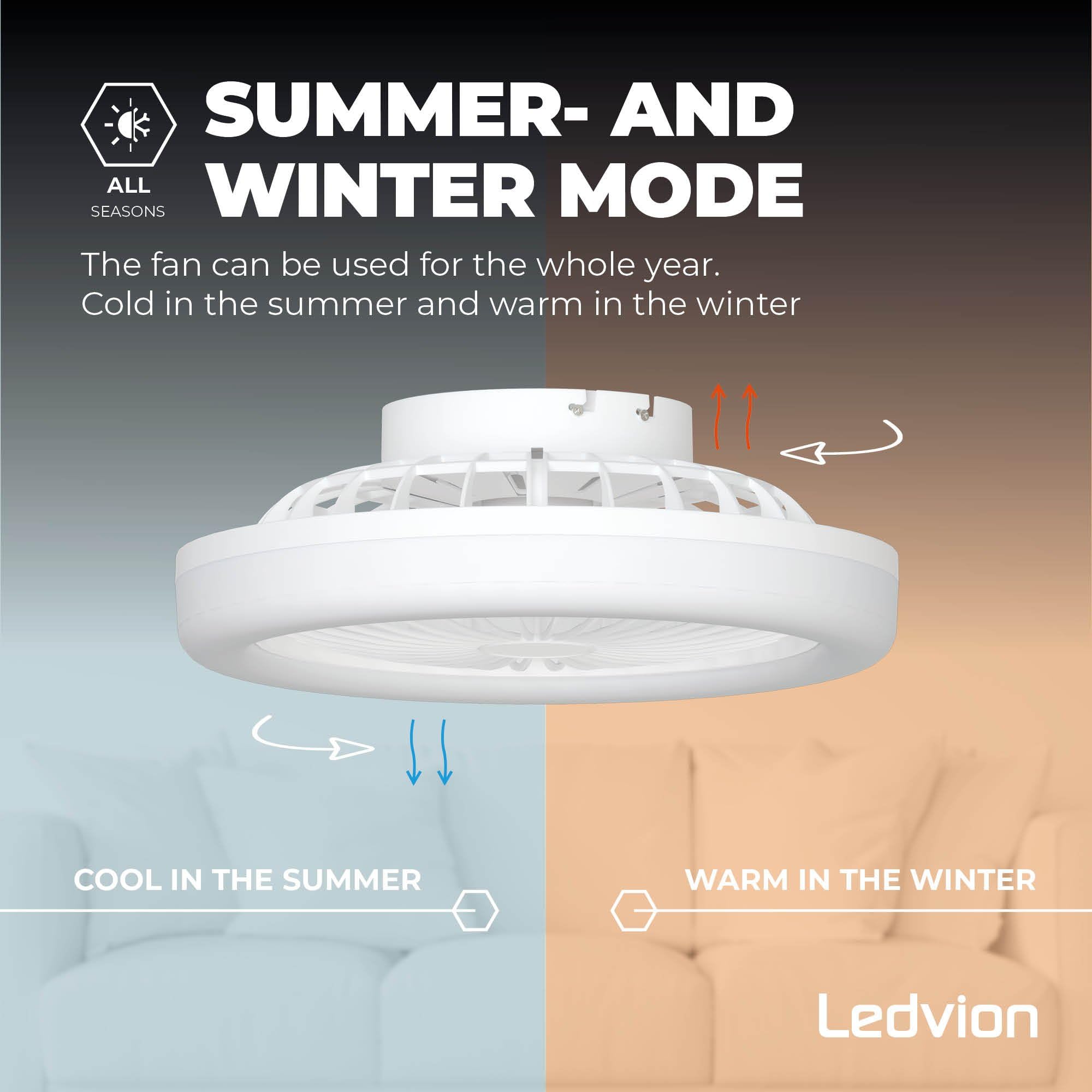 Ledvion - Ventilador de Techo con luz, 42cm, Blanco, 24W, 2500Lm, (2700k/4000K/6000K), 3 temperaturas de luz, 5 velocidades, Temporizador, Mando, Verano-Invierno