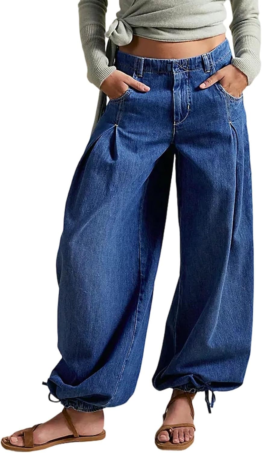 CHARTOU Women Y2k Lotus Jeans Tie Balloon Wide Leg Denim Pants Mid Waist Cargo Baggy Jeans Sweatpants