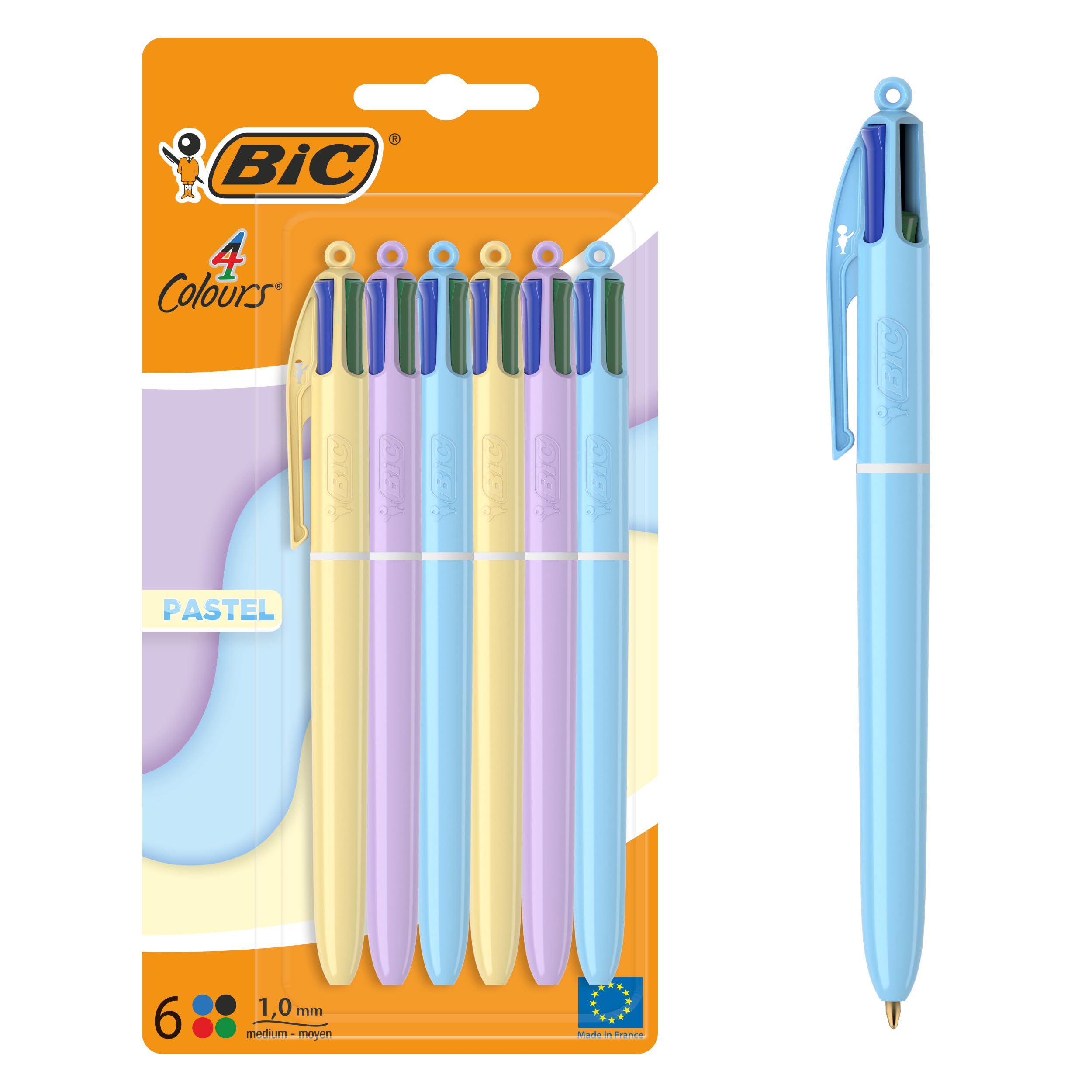 BIC 4 Colores Pastel Bolígrafos de Punta Media (1,00 mm) - Pack de 6 Uds- Crea papeleria bonita - Ideas de regalos creativos