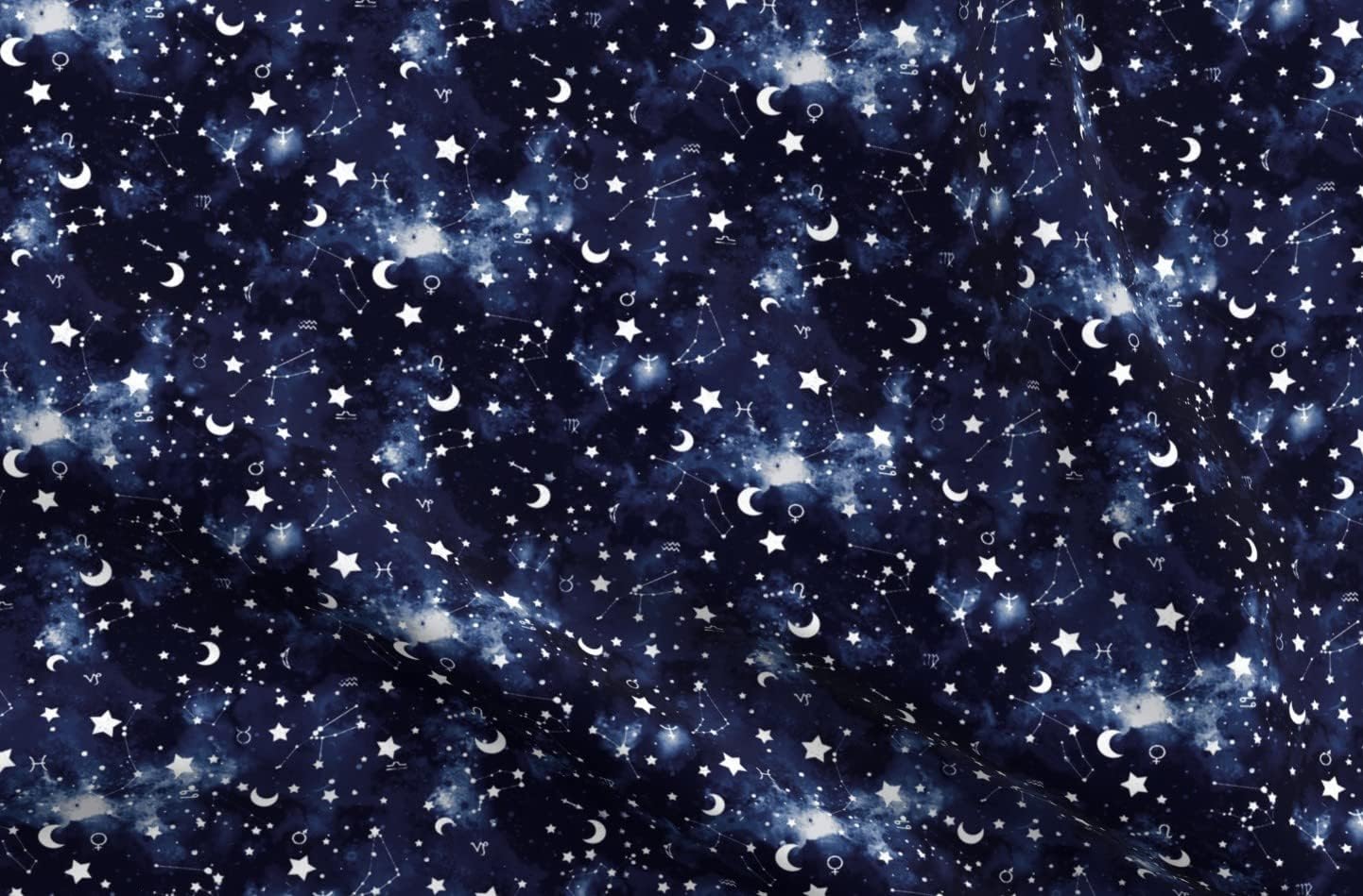 Spoonflower Fabric - Zodiac Dark Blue Stars Constellations Moon Galaxy Astrology Printed on Organic Cotton Sateen Fabric by The Yard - Sewing Quilting Apparel Home Decor