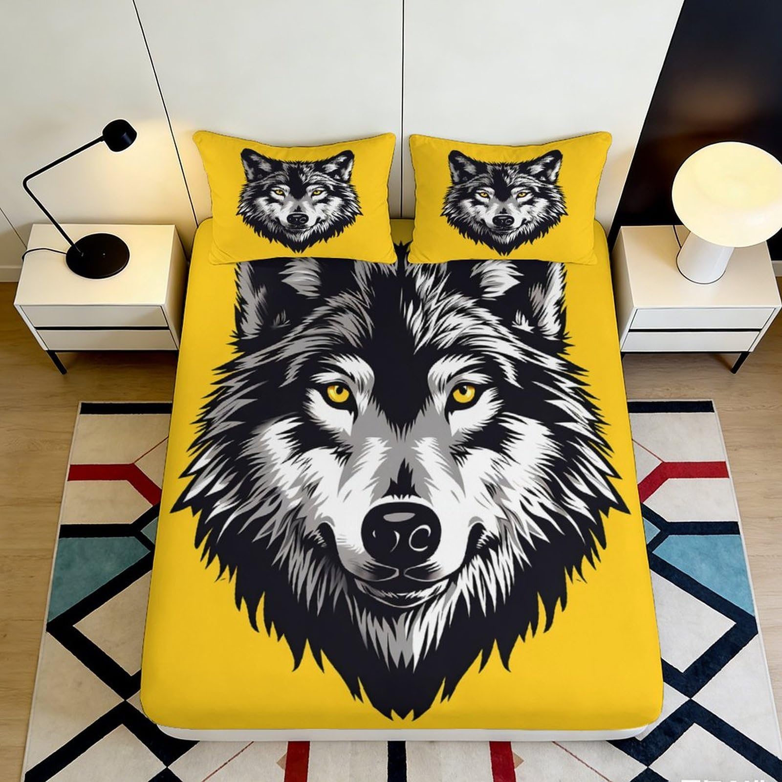 3D Printed Wolf Face Fitted Sheet Microfiber Yellow Animal Art Mattress Cover for Bedroom Dorm Easy Care Decor 115 120x200x25cm