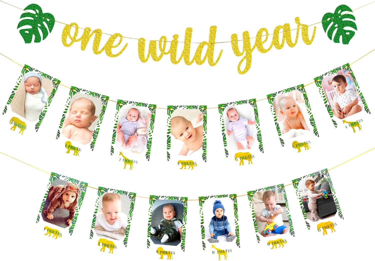 Wild One Birthday Decorations for Boys & Girls - Gold Glitter One Wild Year Banner + Baby 1st Birthday Photo Banner From Newborn to 12 Month - Zoo, Jungle & Safari First Birthday Decorations