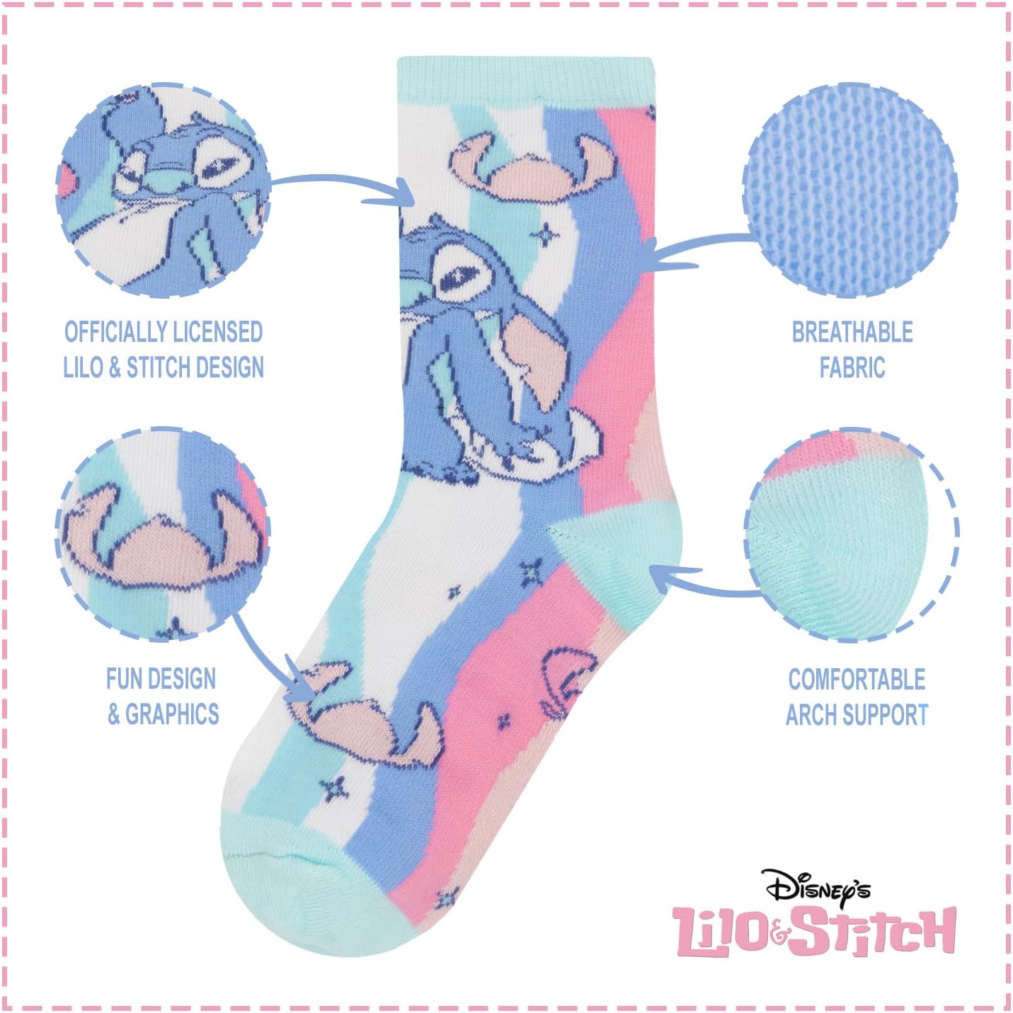 Disney Girls 3-Pack Crew Socks - Minnie, Tinkerbell, Frozen & Stitch for Ages 7-14 - Image 3