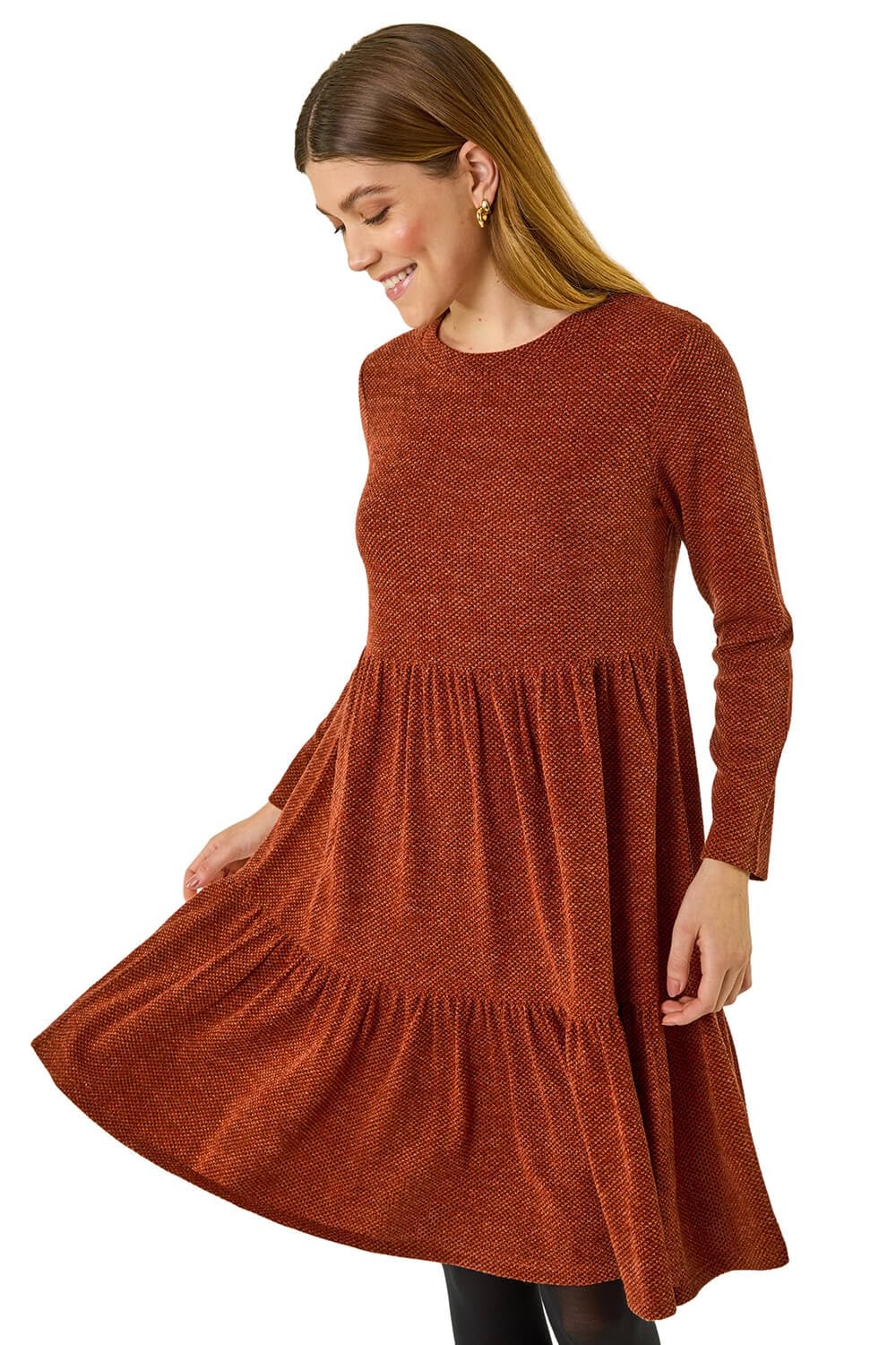Roman Originals Women's Rust Textured Frill Dress For Uk - Everyday Autumn Winter Round Neckline Comfy Soft Evening Vacation Work Party Night Out - Size 12