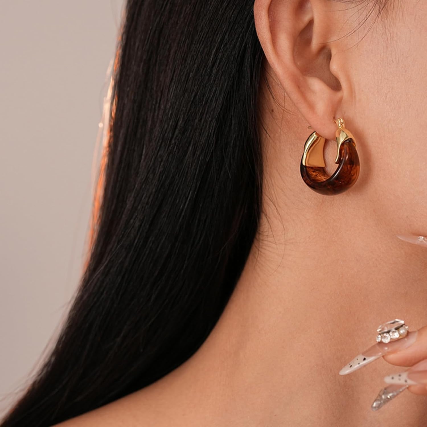 Brown Earrings for Women Chunky Gold Statement Earrings Small Gold Hoop Earring Resin Huggie Earring Square Hoop Trendy Jewelry Gifts for Women Everyday Wear - Image 3