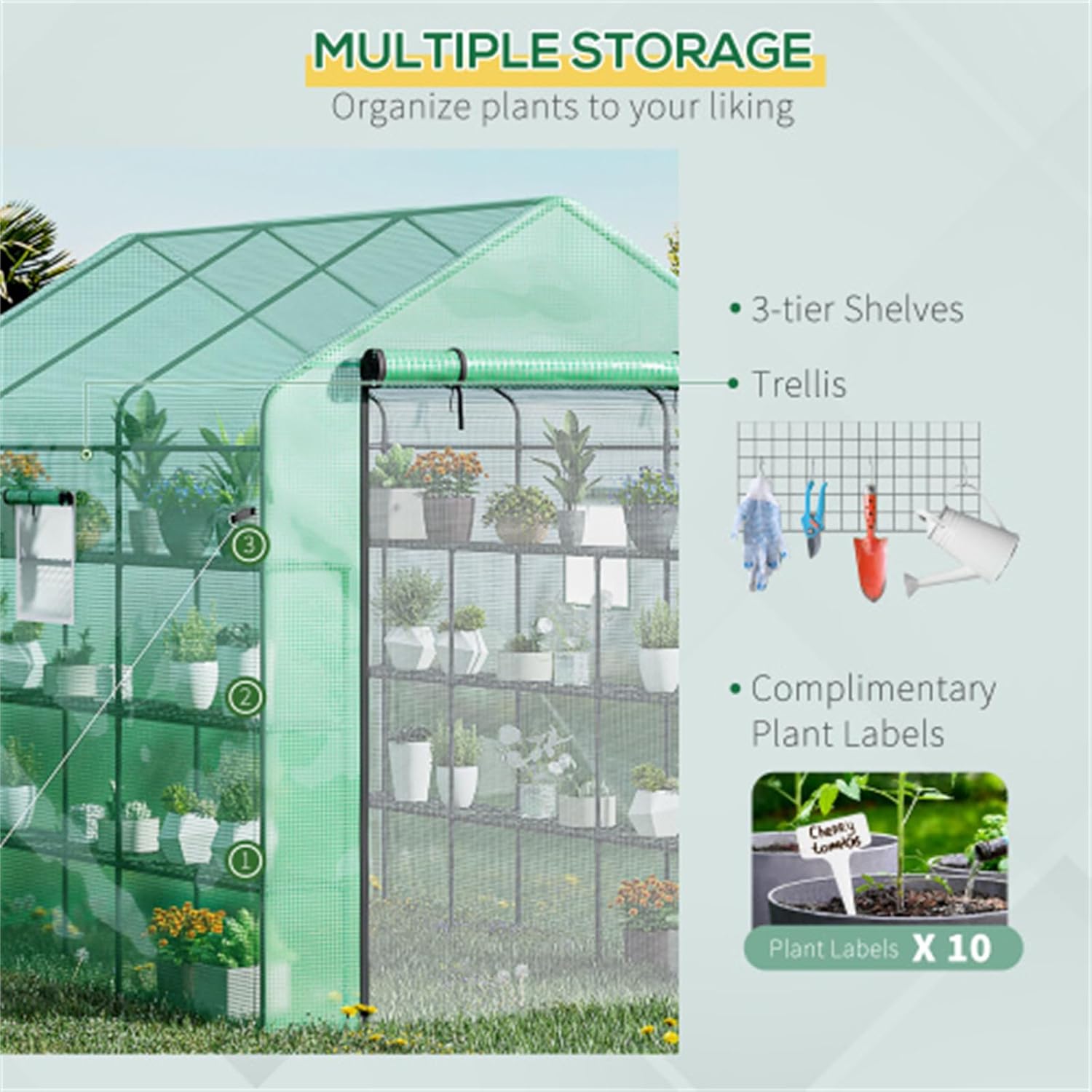 8' x 6' x 7' walk-in greenhouse, large greenhouse shed with mesh doors and windows, 18-layer greenhouse with trellises, plant labels, suitable for growing flowers, herbs, vegetables, seedlings, greens