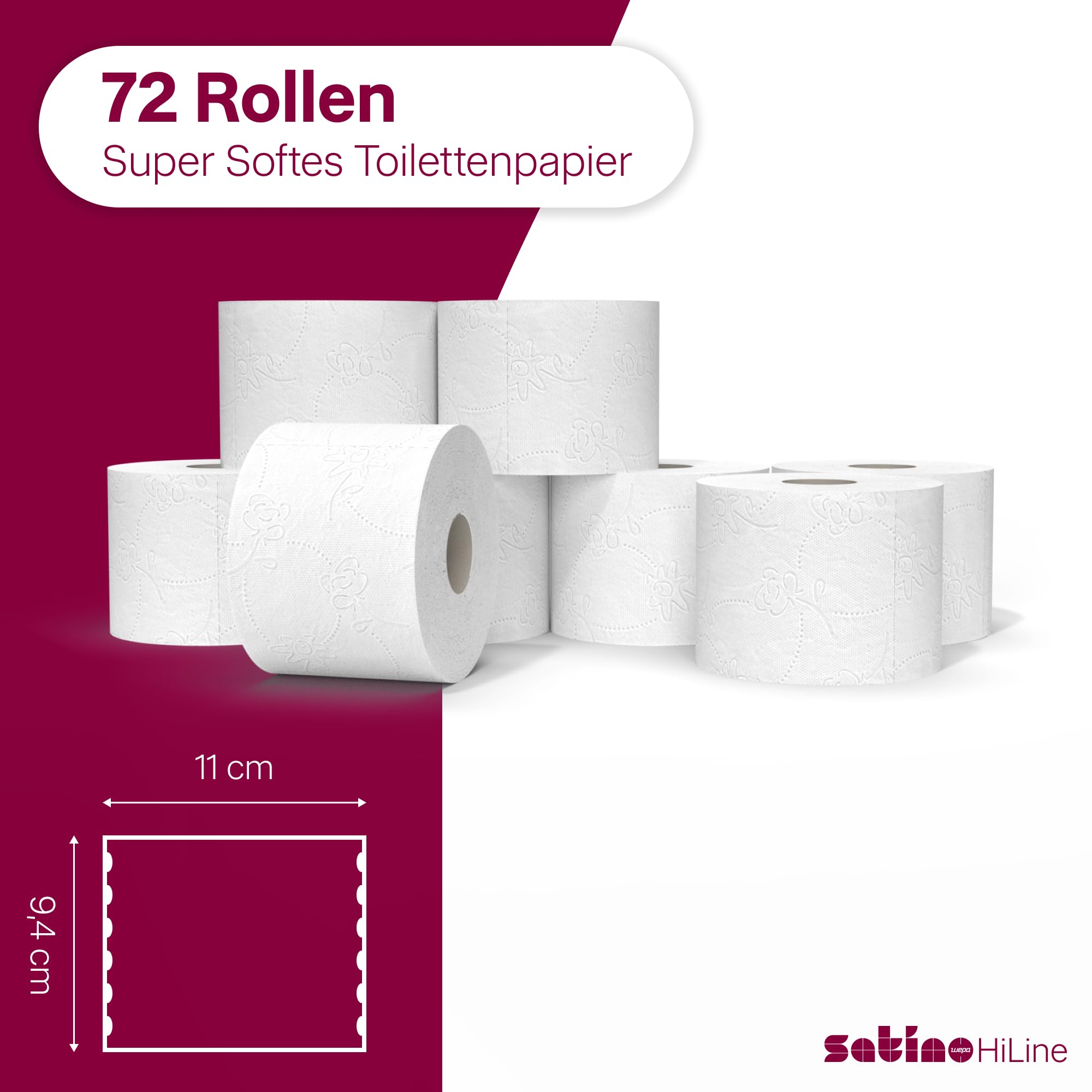 72 Rollen Toilettenpapier 4lagig – super soft dank 100% Zellstoff - Made in Germany - 150 Blatt pro Rolle – 9 Pack mit je 8 Rollen - super soft – weiß – Premium Klopapier 4 lagig – WC Papier Satino