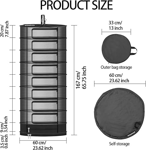 Miniatura 2 de Estante Colgante de Malla para Secar Hierbas, Estante Grande de Secado de Plantas de 9 Capas con Cremallera Tipo Puerta y Compartimento de