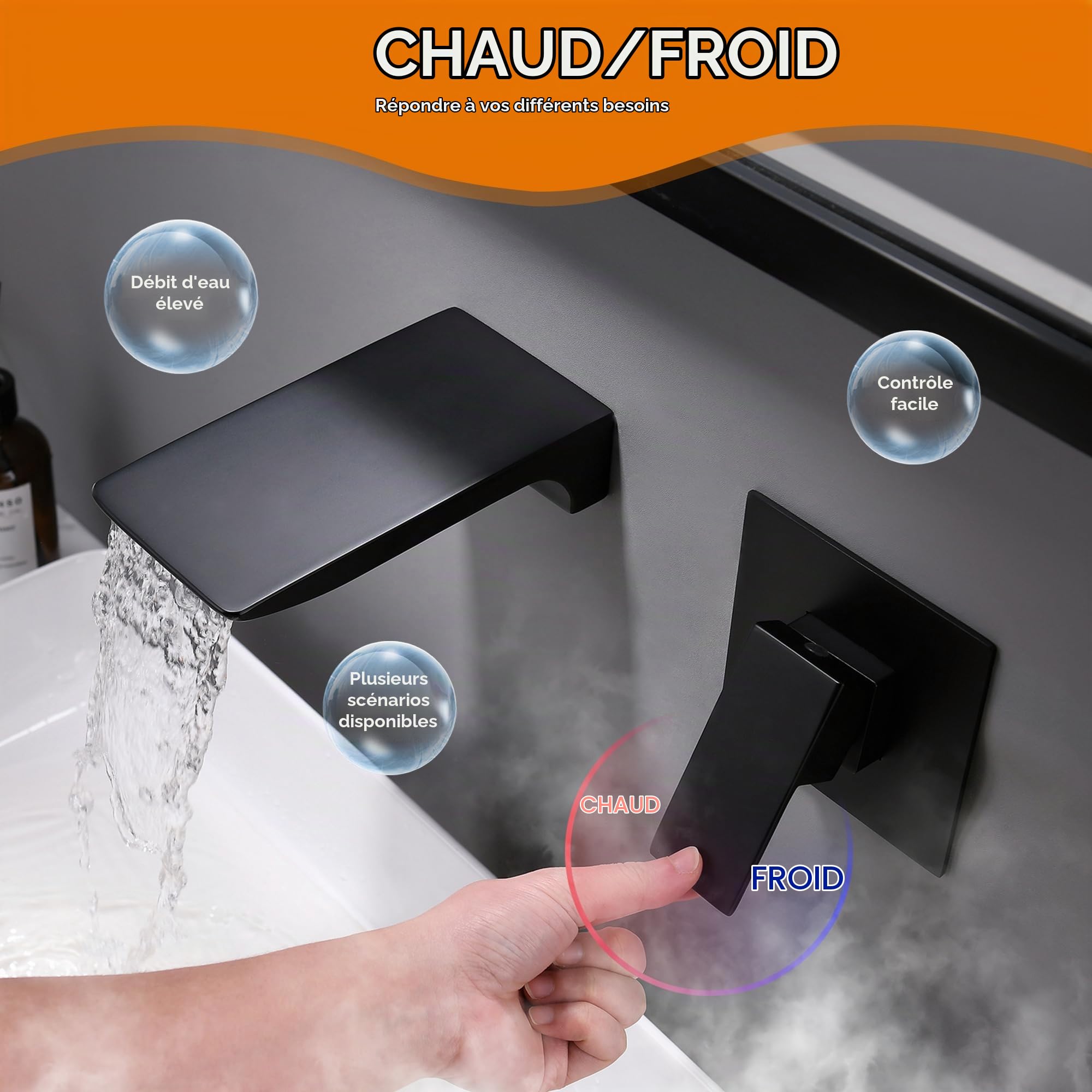 LIWEIKE Robinet Mitigeur Mural Lavabo Cascade Noir En Laiton