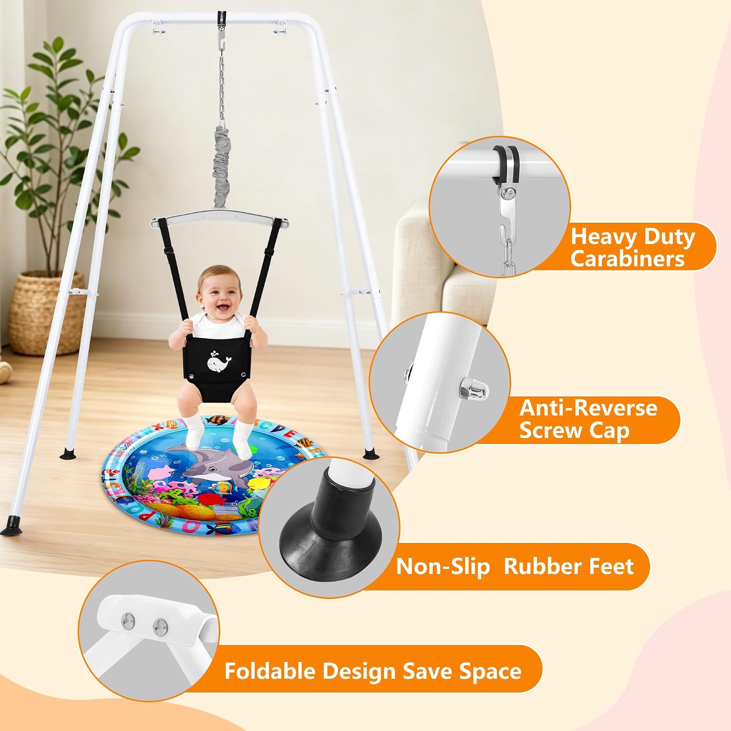 Baby Jumper with Stand, Baby Jumpers and Bouncers with Water Mat Adjustable Height for Baby Exerciser Suitable for 6-24 Months, Easy to Assemble & Store (Black)
