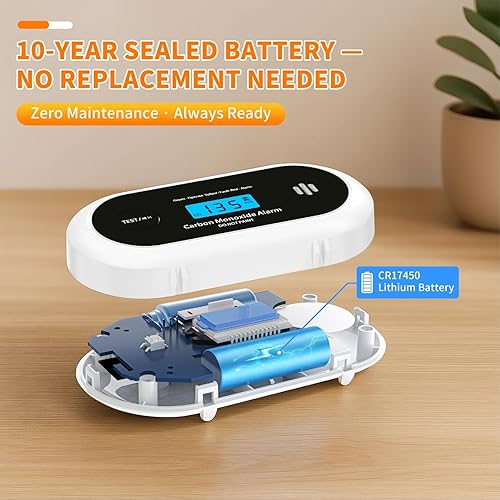 Miniatura 3 de Detector de monóxido de carbono, alarma de CO de batería sellada de 10 años con pantalla digital, detector de monóxido de carbono portátil para