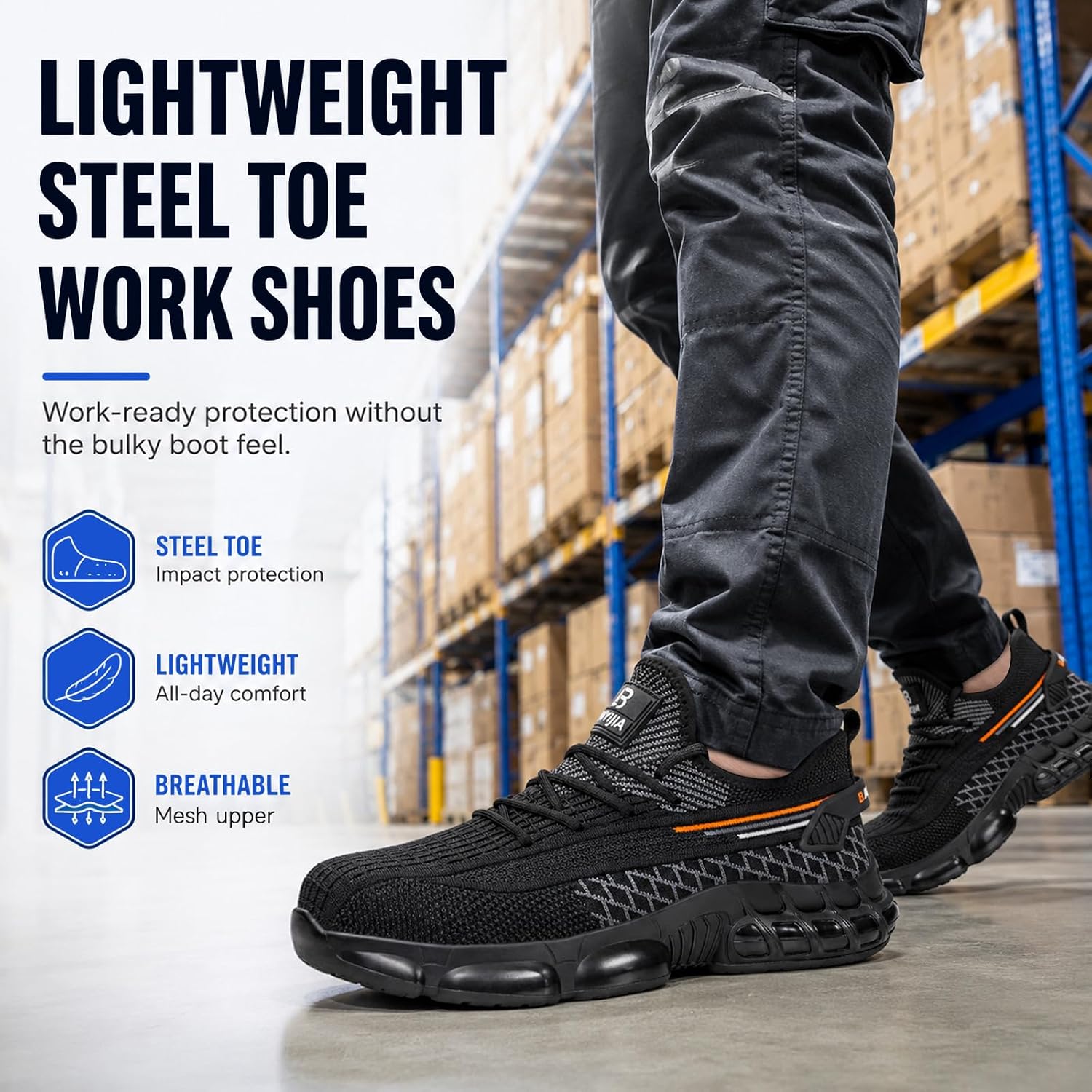 Steel Toe Work Shoes for Men Lightweight Safety Shoes with Puncture Resistant Sole Comfortable Construction Industrial Work Shoe for Warehouse