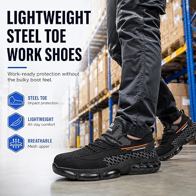 Steel Toe Work Shoes for Men Lightweight Safety Shoes | Puncture Resistant, ASTM, Comfortable, Construction Industrial, Warehouse, Logistics, Factory, Workshop, Packing, Maintenance