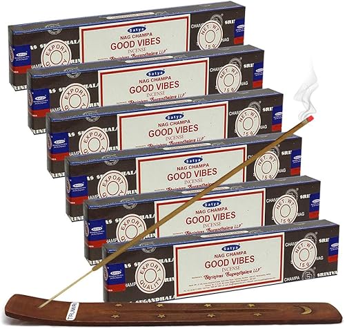 Vista 168 de Satya Sai Baba Nag Champa - Varitas de incienso de 0.53 oz y soporte - Paquete de 6 (aproximadamente 90 varillas)